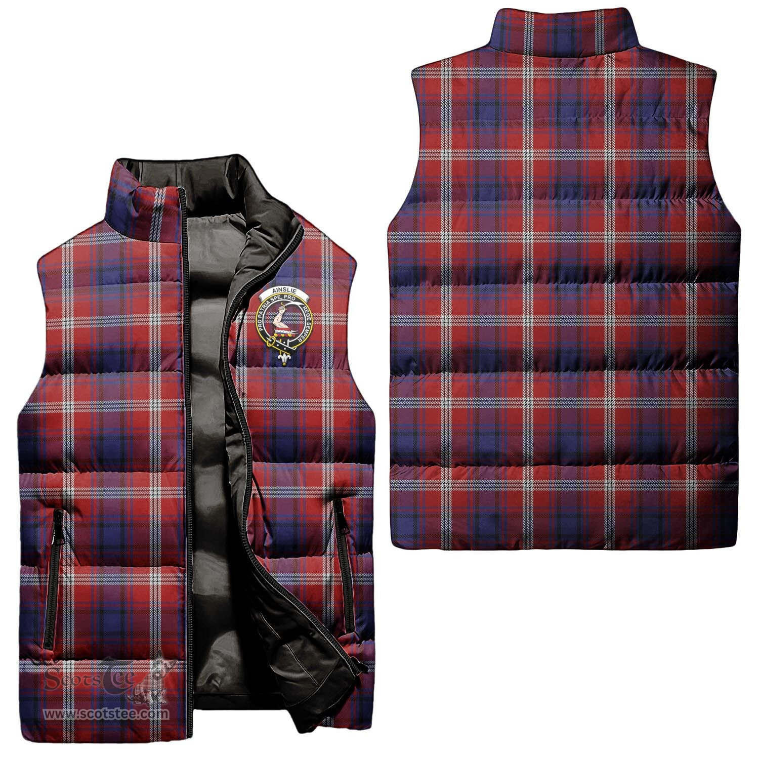 Scottish Ainslie Clan Tartan Puffer Vest, Family Crest Plaid Sleeveless Down Jacket Scottish Plaid Tartan Plaid - ScotsTee - scotstee.com