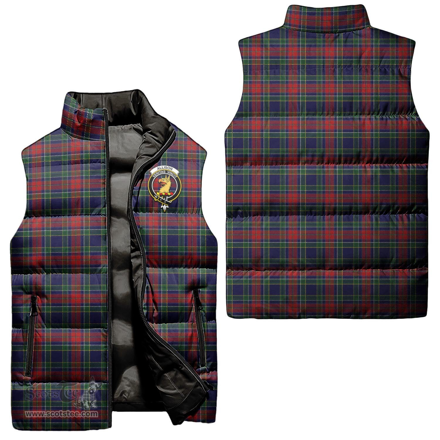 Scottish Allison Red Clan Tartan Puffer Vest, Family Crest Plaid Sleeveless Down Jacket Scottish Plaid Tartan Plaid - ScotsTee - scotstee.com