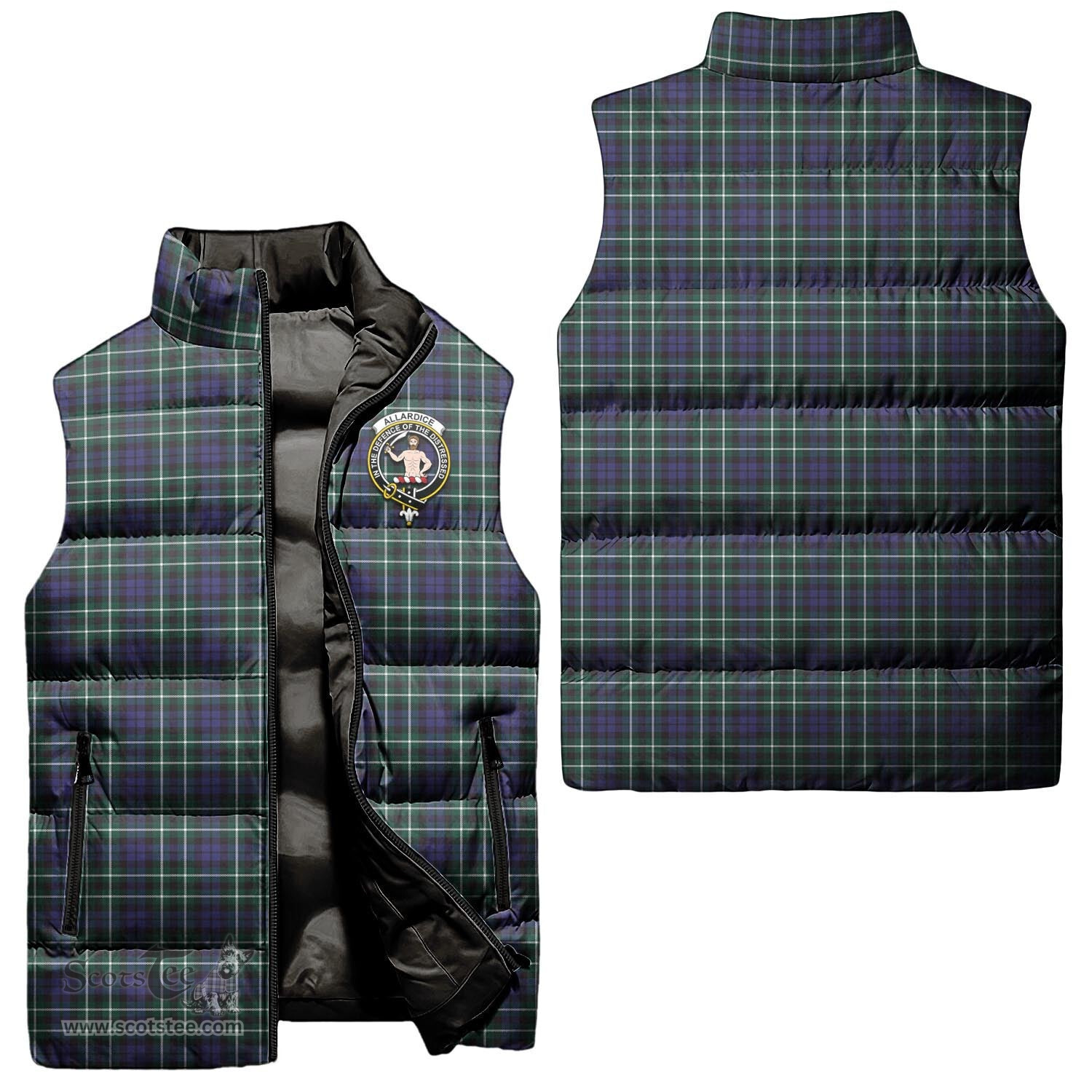 Scottish Allardice Clan Tartan Puffer Vest, Family Crest Plaid Sleeveless Down Jacket Scottish Plaid Tartan Plaid - ScotsTee - scotstee.com