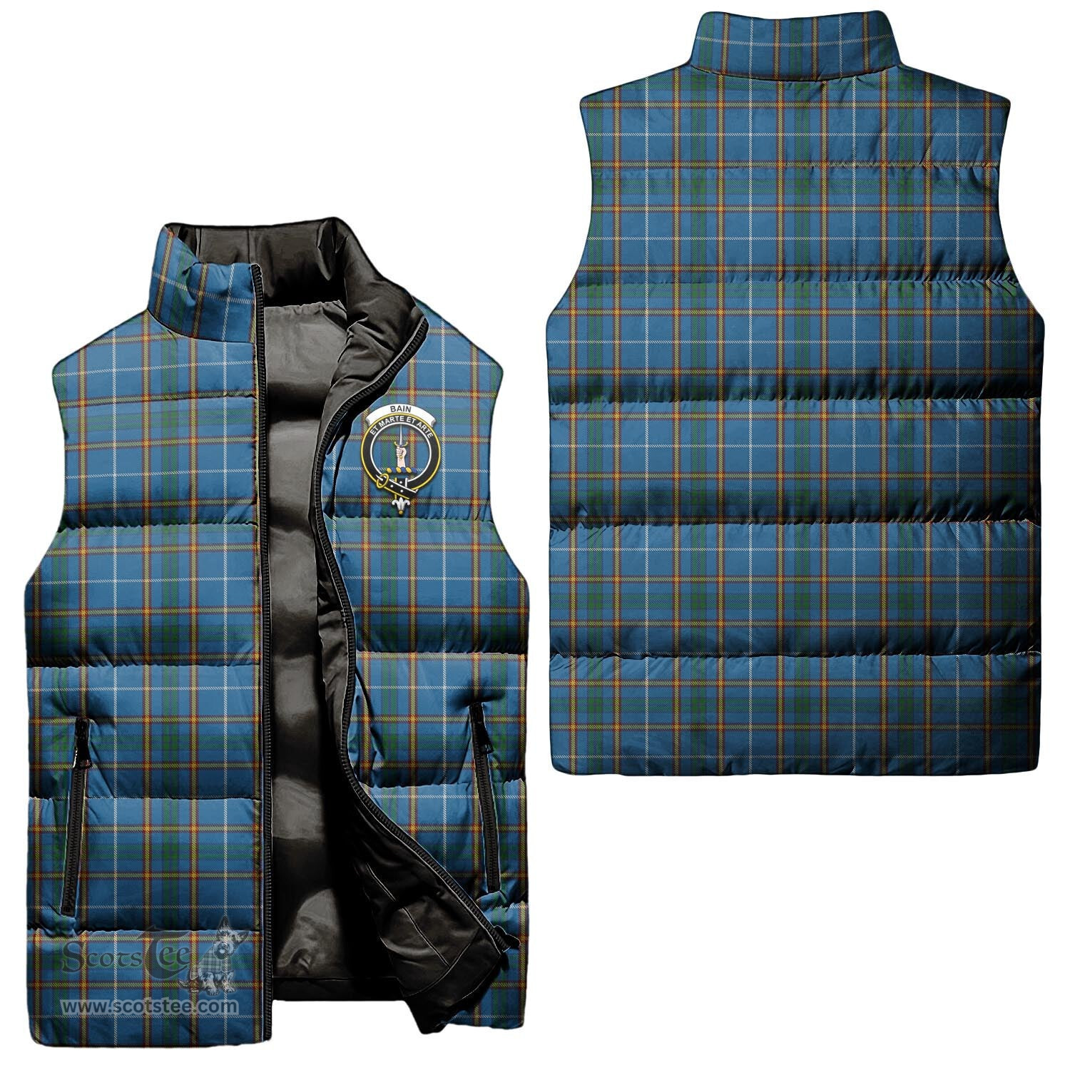 Scottish Bain Clan Tartan Puffer Vest, Family Crest Plaid Sleeveless Down Jacket Scottish Plaid Tartan Plaid - ScotsTee - scotstee.com
