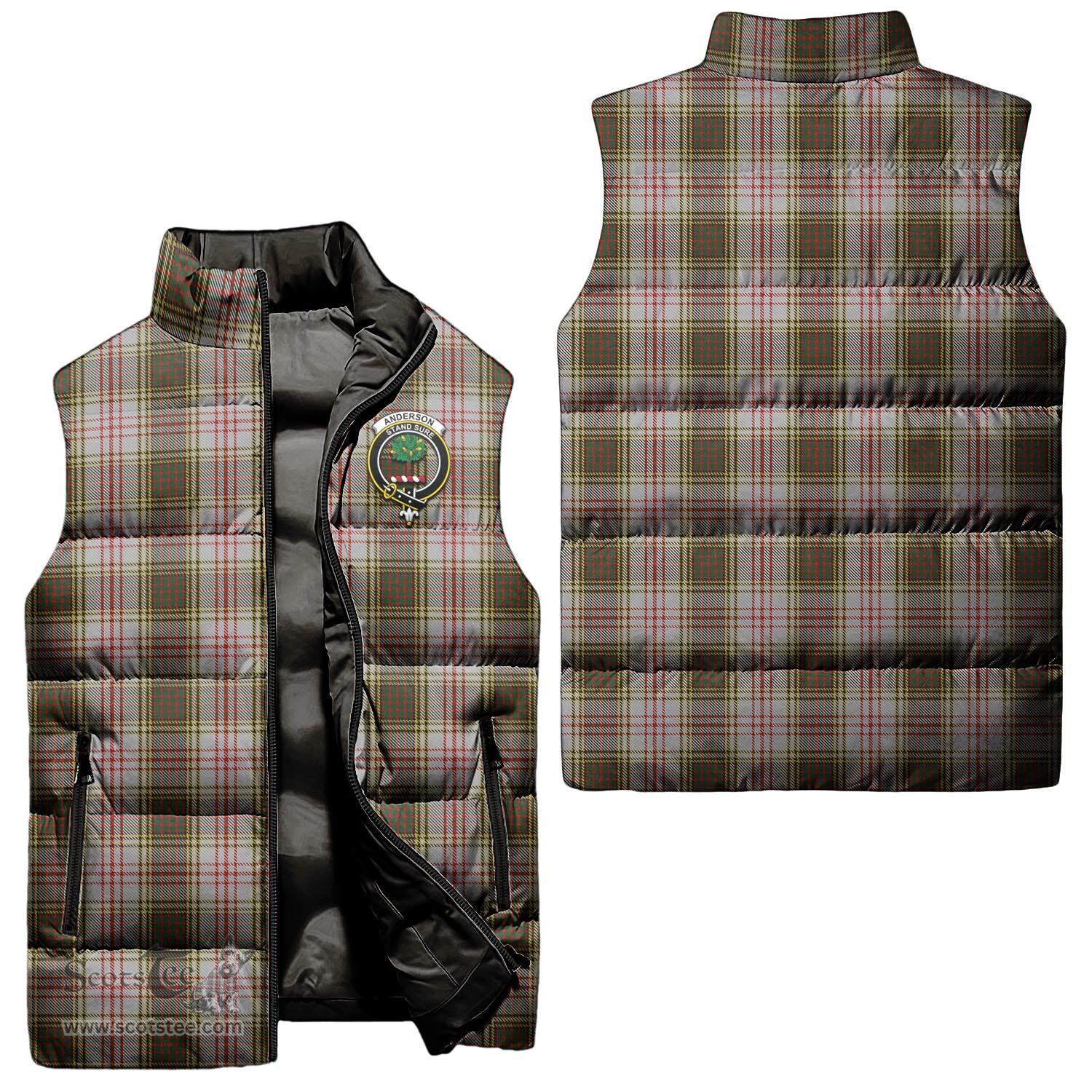 Scottish Anderson Dress Clan Tartan Puffer Vest, Family Crest Plaid Sleeveless Down Jacket Scottish Plaid Tartan Plaid - ScotsTee - scotstee.com