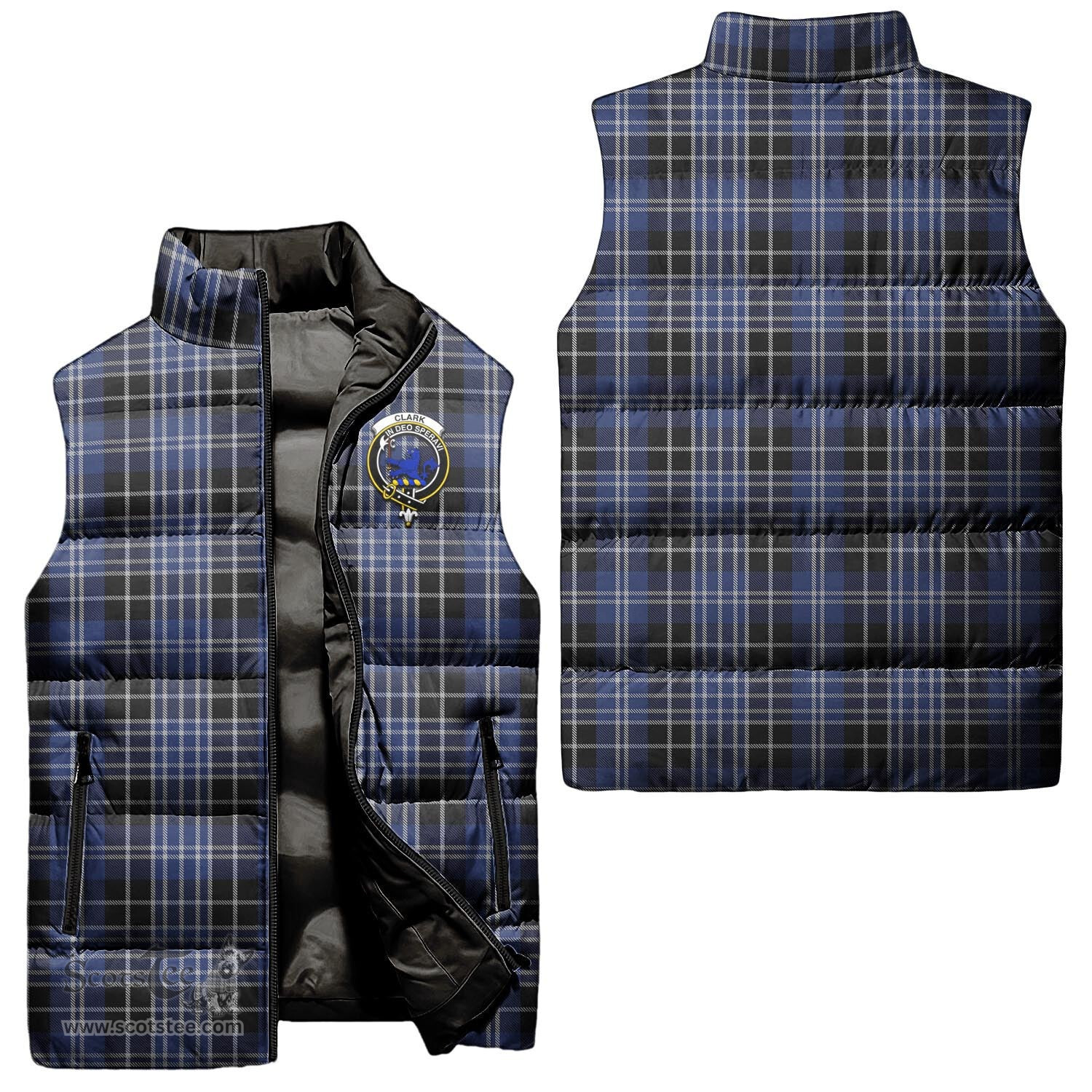 Scottish Clark (Lion) Clan Tartan Puffer Vest, Family Crest Plaid Sleeveless Down Jacket Scottish Plaid Tartan Plaid - ScotsTee - scotstee.com