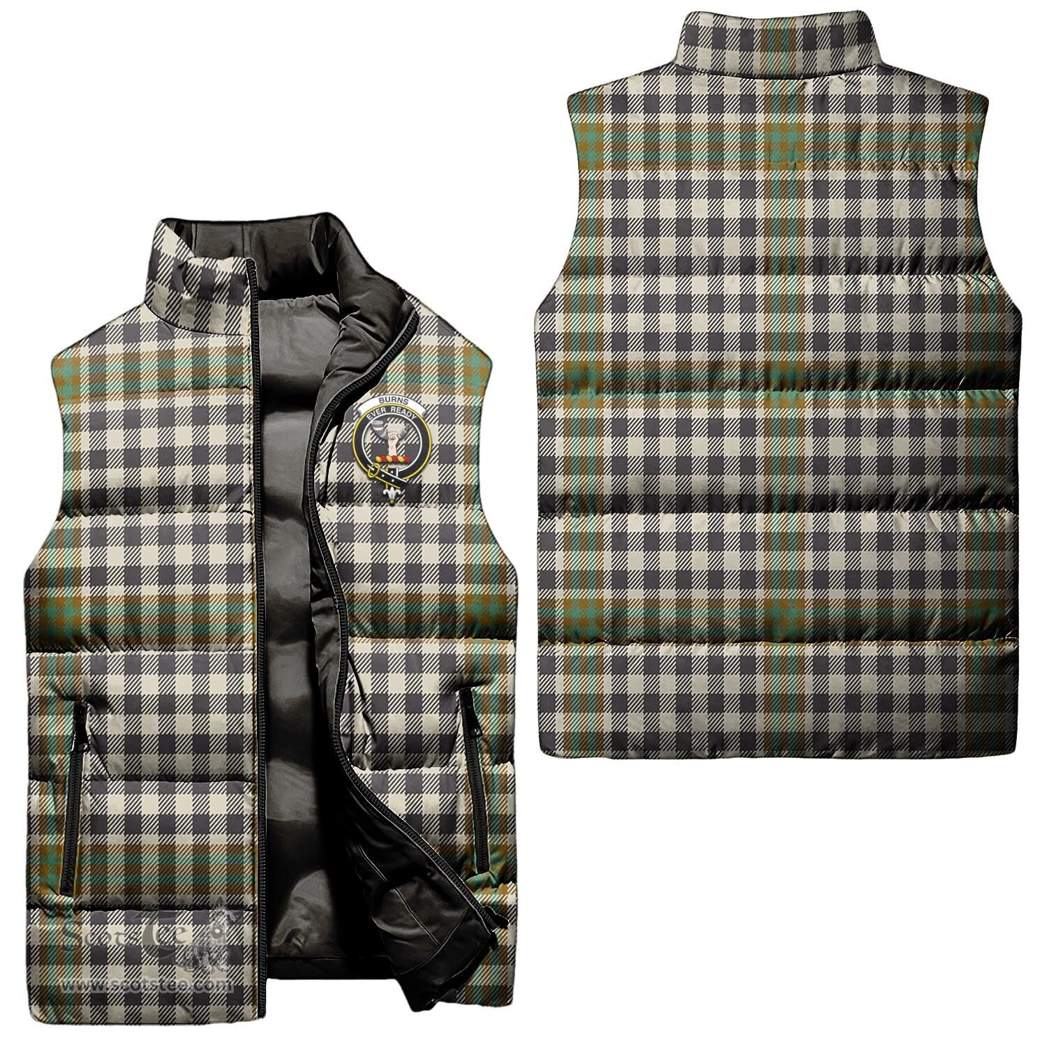 Scottish Burns Check Clan Tartan Puffer Vest, Family Crest Plaid Sleeveless Down Jacket Scottish Plaid Tartan Plaid - ScotsTee - scotstee.com