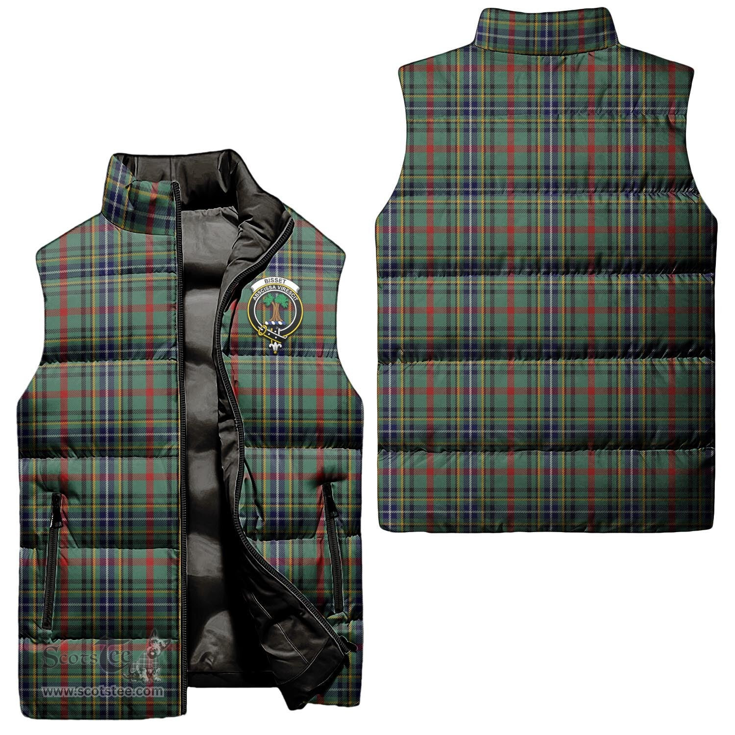 Scottish Bisset Clan Tartan Puffer Vest, Family Crest Plaid Sleeveless Down Jacket Scottish Plaid Tartan Plaid - ScotsTee - scotstee.com