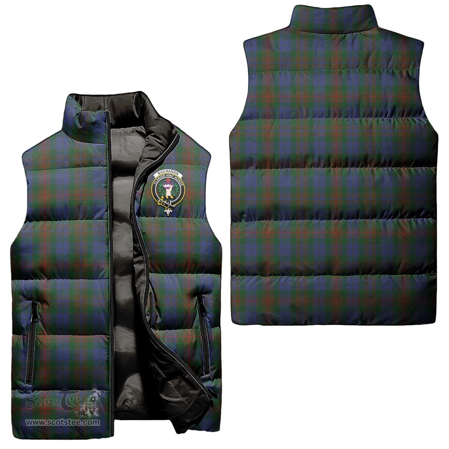 Scottish Buchanan Hunting Clan Tartan Puffer Vest, Family Crest Plaid Sleeveless Down Jacket Scottish Plaid Tartan Plaid - ScotsTee - scotstee.com
