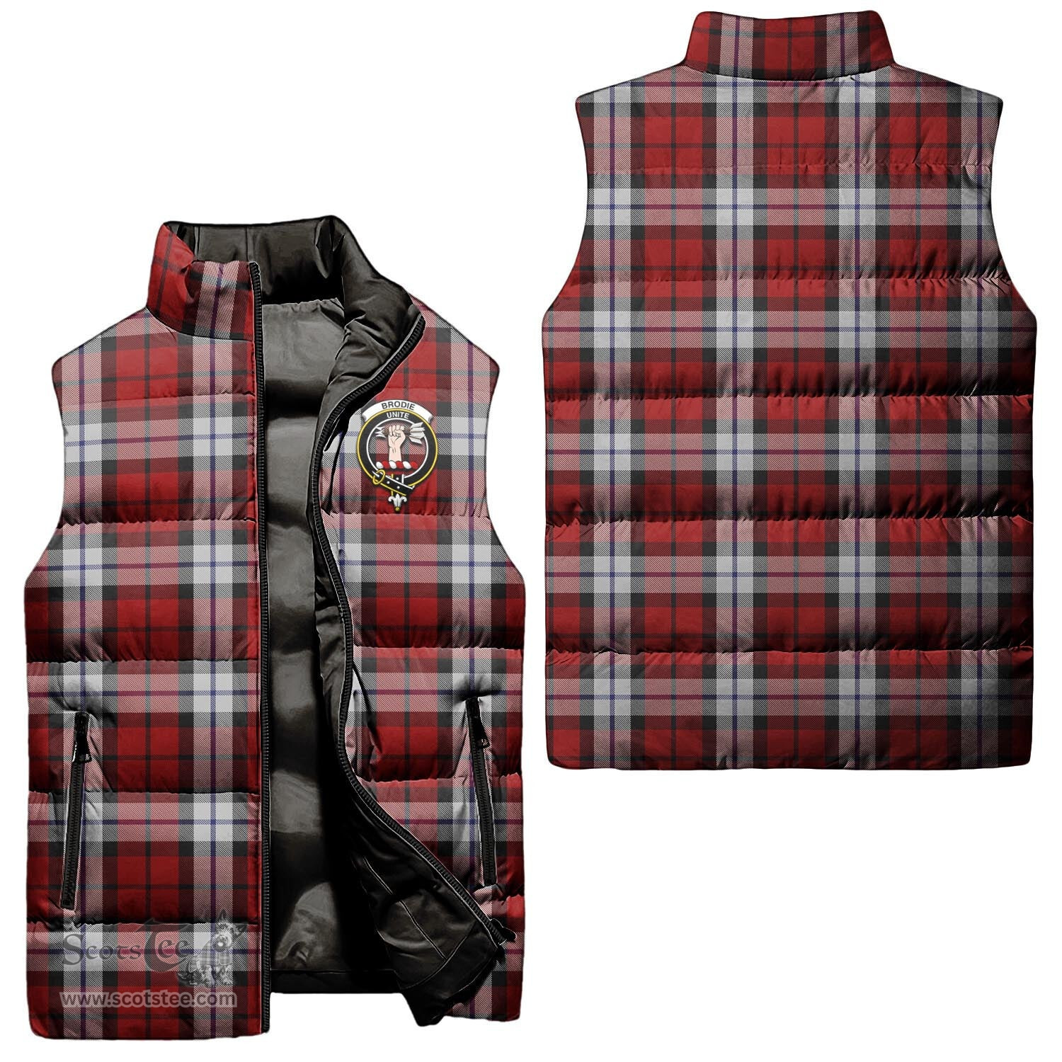 Scottish Brodie Dress Clan Tartan Puffer Vest, Family Crest Plaid Sleeveless Down Jacket Scottish Plaid Tartan Plaid - ScotsTee - scotstee.com