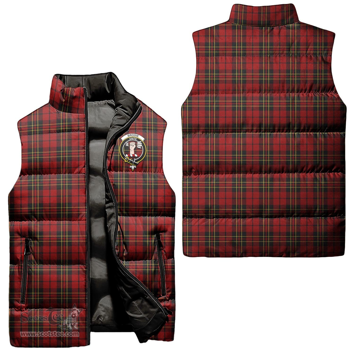 Scottish Brodie Clan Tartan Puffer Vest, Family Crest Plaid Sleeveless Down Jacket Scottish Plaid Tartan Plaid - ScotsTee - scotstee.com