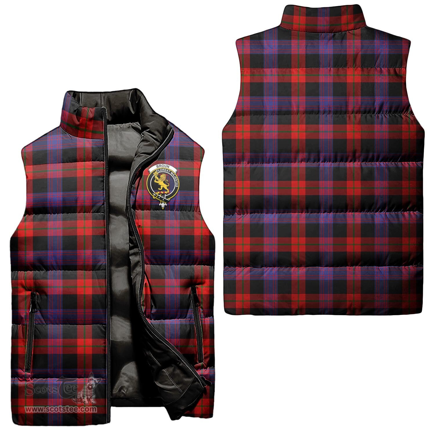 Scottish Broun Modern Clan Tartan Puffer Vest, Family Crest Plaid Sleeveless Down Jacket Scottish Plaid Tartan Plaid - ScotsTee - scotstee.com