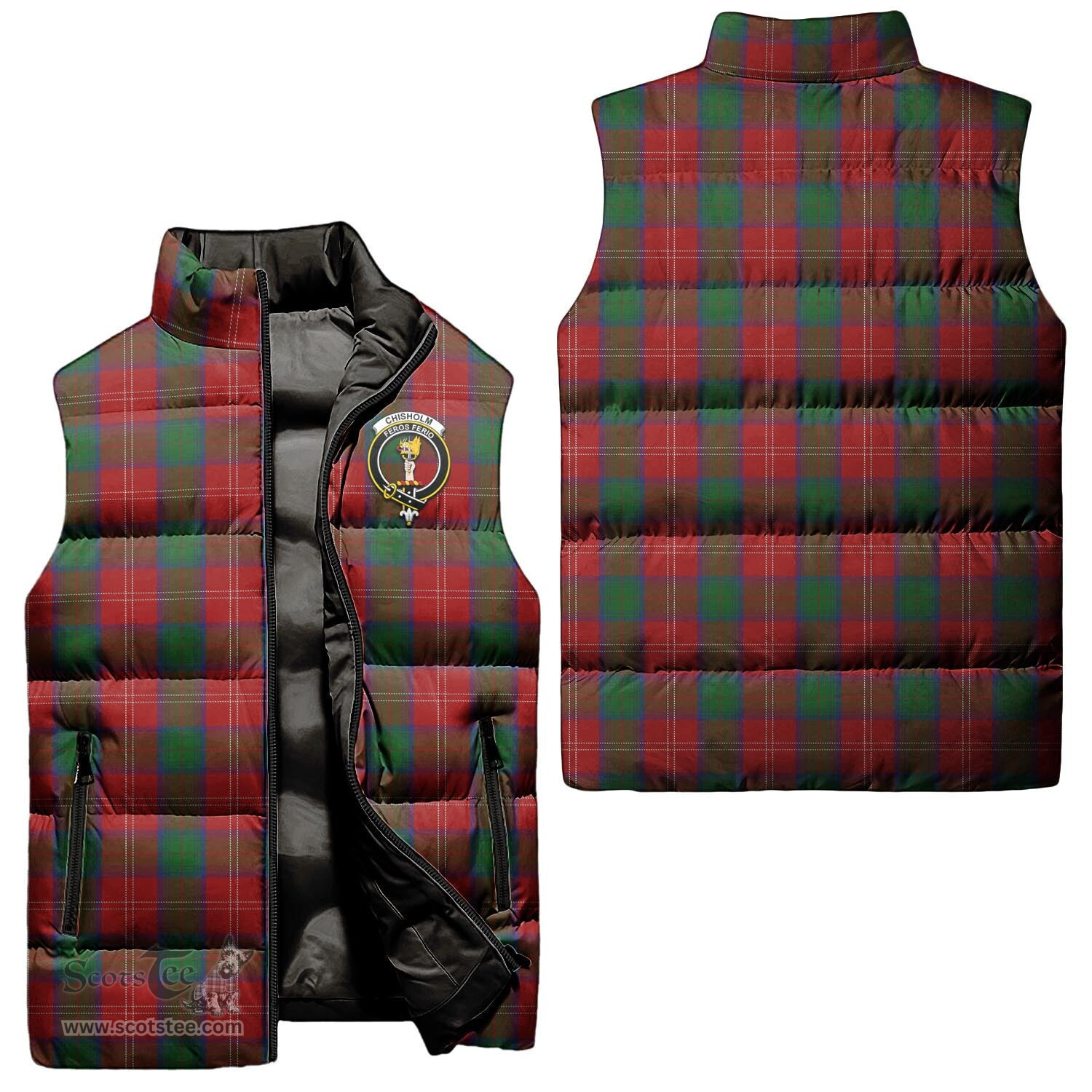 Scottish Chisholm Clan Tartan Puffer Vest, Family Crest Plaid Sleeveless Down Jacket Scottish Plaid Tartan Plaid - ScotsTee - scotstee.com