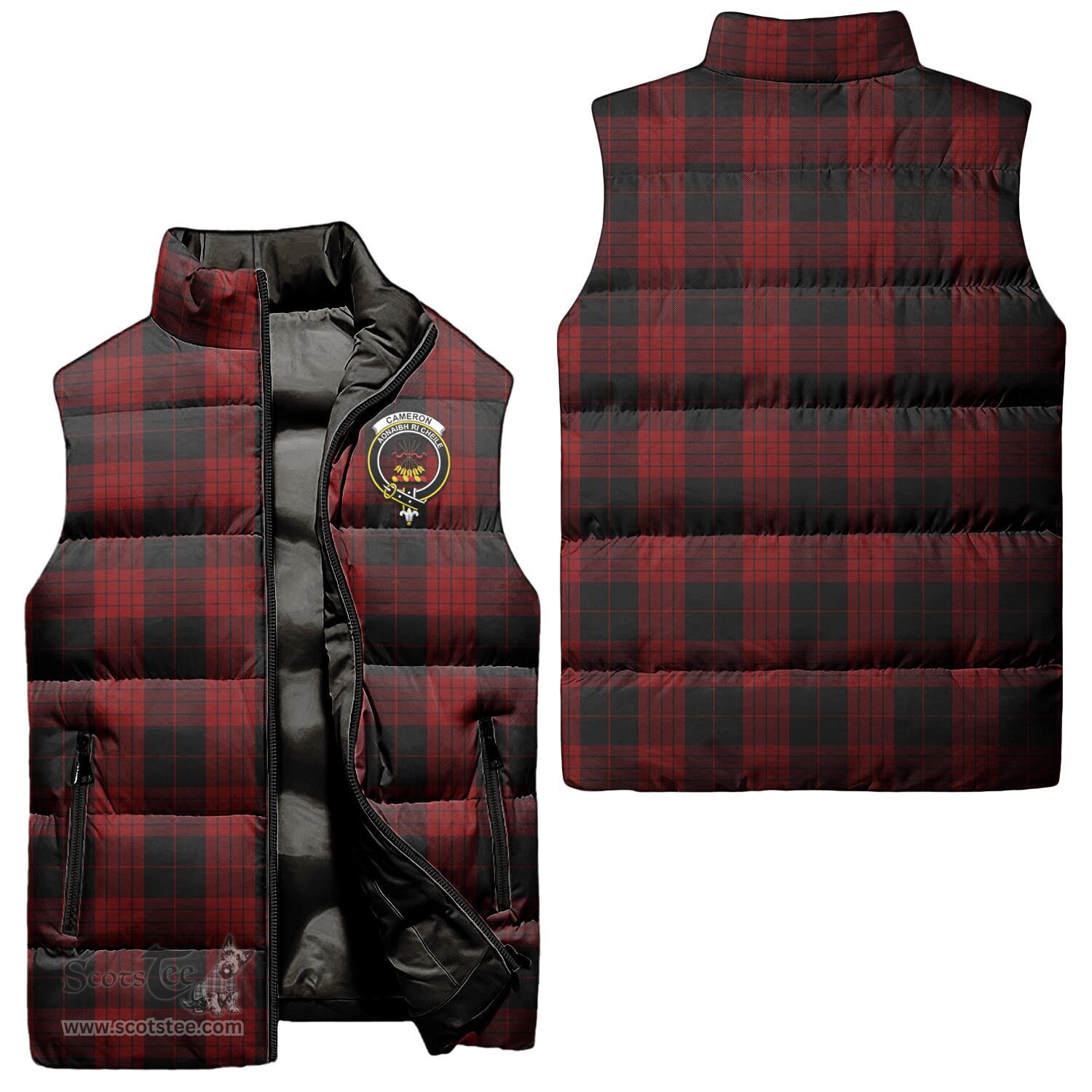 Scottish Cameron Black and Red Clan Tartan Puffer Vest, Family Crest Plaid Sleeveless Down Jacket Scottish Plaid Tartan Plaid - ScotsTee - scotstee.com