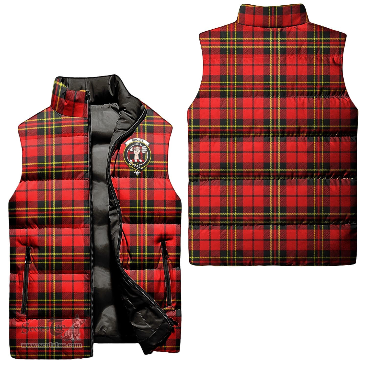 Scottish Brodie Modern Clan Tartan Puffer Vest, Family Crest Plaid Sleeveless Down Jacket Scottish Plaid Tartan Plaid - ScotsTee - scotstee.com