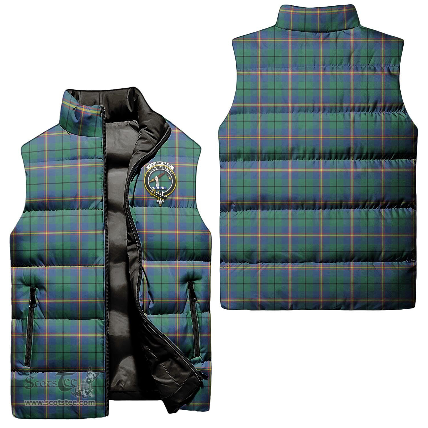 Scottish Carmichael Ancient Clan Tartan Puffer Vest, Family Crest Plaid Sleeveless Down Jacket Scottish Plaid Tartan Plaid - ScotsTee - scotstee.com