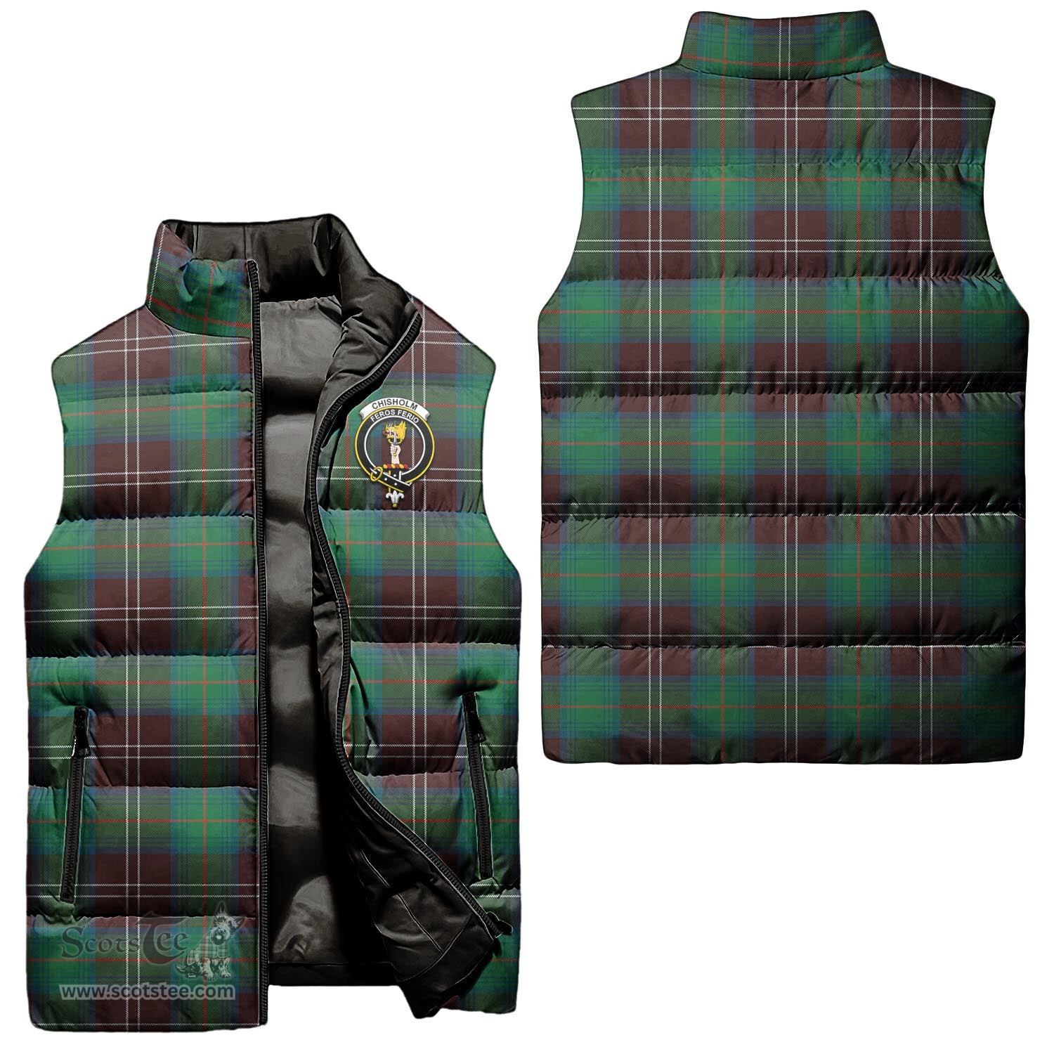 Scottish Chisholm Hunting Ancient Clan Tartan Puffer Vest, Family Crest Plaid Sleeveless Down Jacket Scottish Plaid Tartan Plaid - ScotsTee - scotstee.com