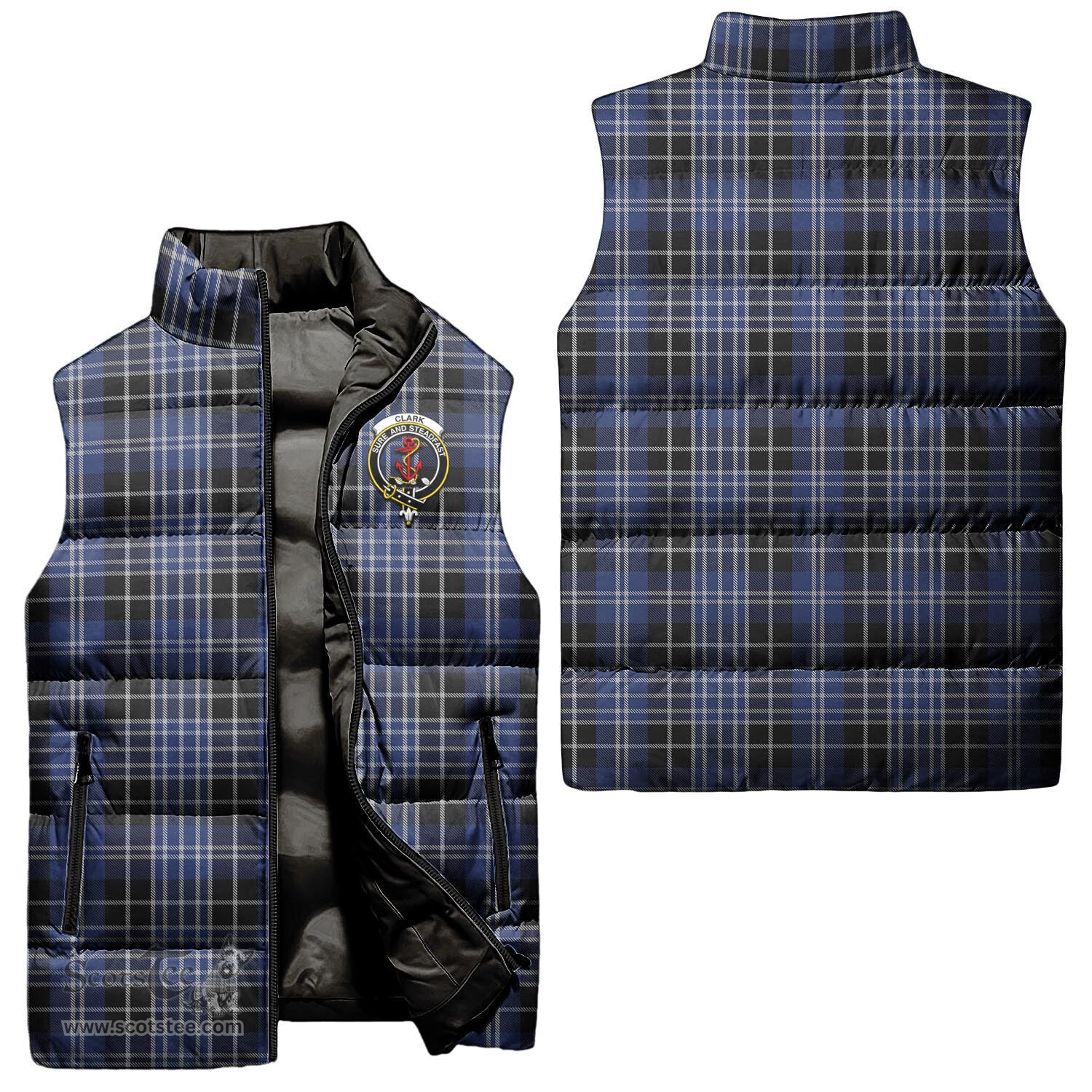 Scottish Clark Clan Tartan Puffer Vest, Family Crest Plaid Sleeveless Down Jacket Scottish Plaid Tartan Plaid - ScotsTee - scotstee.com