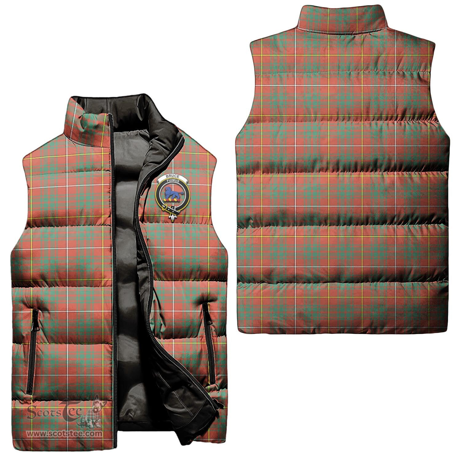 Scottish Bruce Ancient Clan Tartan Puffer Vest, Family Crest Plaid Sleeveless Down Jacket Scottish Plaid Tartan Plaid - ScotsTee - scotstee.com
