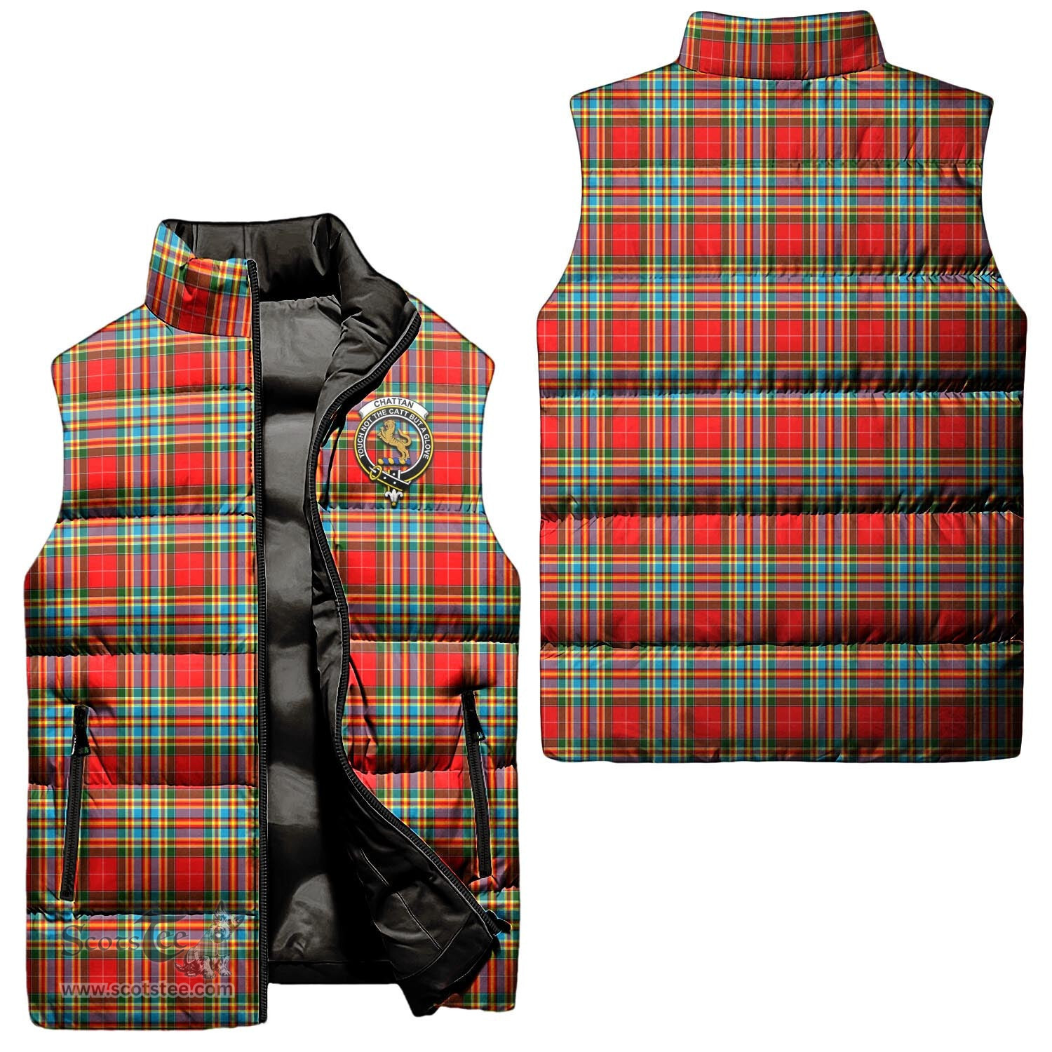Scottish Chattan Clan Tartan Puffer Vest, Family Crest Plaid Sleeveless Down Jacket Scottish Plaid Tartan Plaid - ScotsTee - scotstee.com