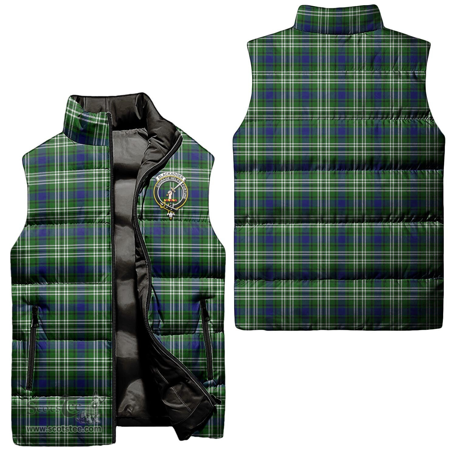 Scottish Blackadder Clan Tartan Puffer Vest, Family Crest Plaid Sleeveless Down Jacket Scottish Plaid Tartan Plaid - ScotsTee - scotstee.com