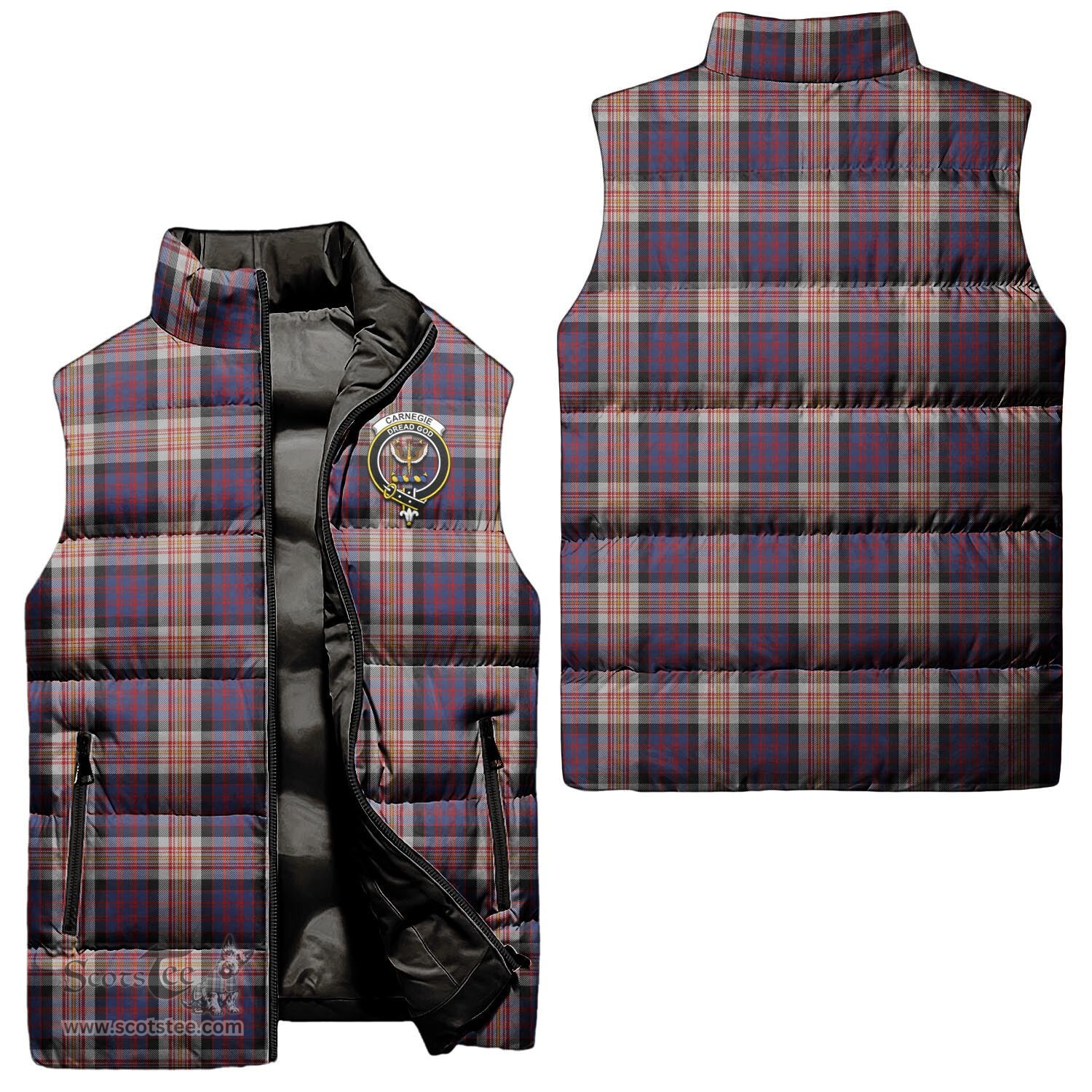 Scottish Carnegie Clan Tartan Puffer Vest, Family Crest Plaid Sleeveless Down Jacket Scottish Plaid Tartan Plaid - ScotsTee - scotstee.com