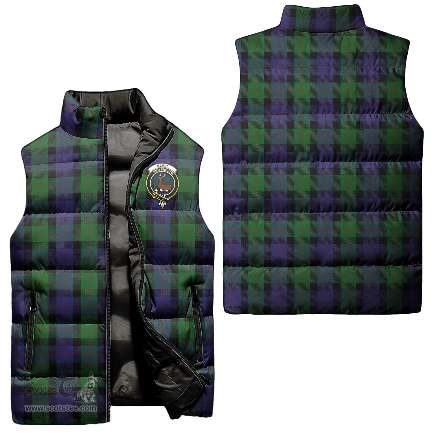Scottish Blair Clan Tartan Puffer Vest, Family Crest Plaid Sleeveless Down Jacket Scottish Plaid Tartan Plaid - ScotsTee - scotstee.com