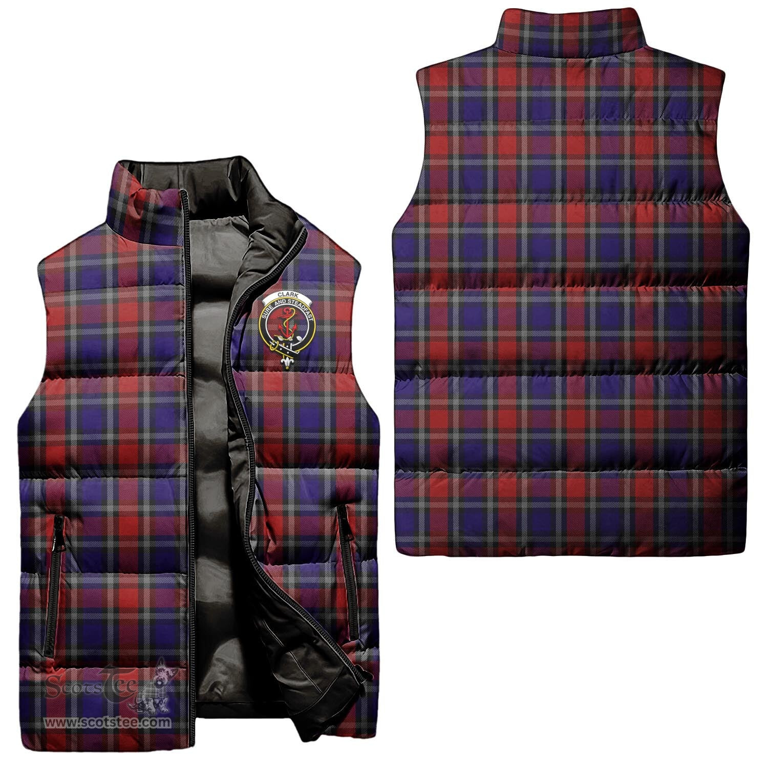 Scottish Clark Red Clan Tartan Puffer Vest, Family Crest Plaid Sleeveless Down Jacket Scottish Plaid Tartan Plaid - ScotsTee - scotstee.com