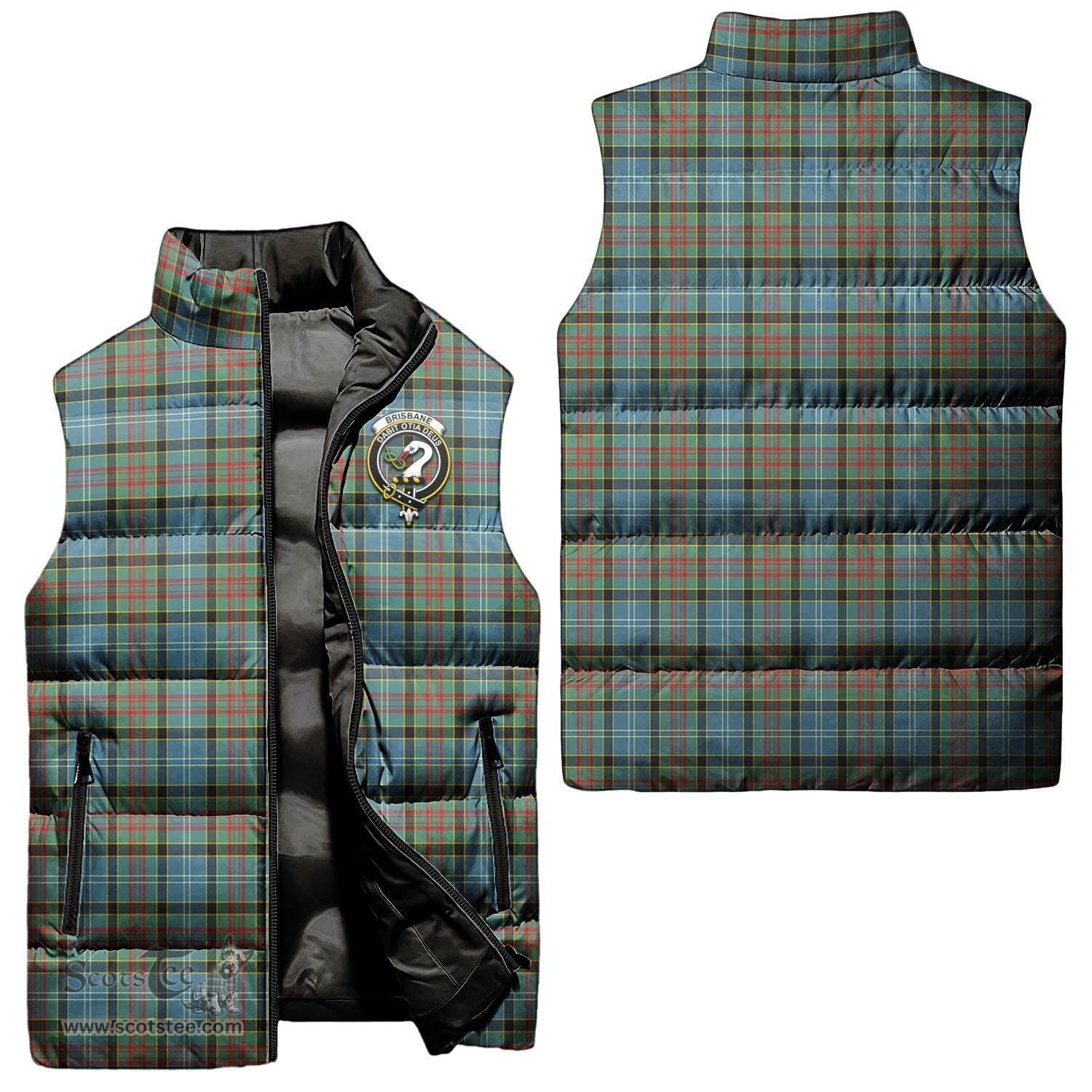 Scottish Brisbane modern Clan Tartan Puffer Vest, Family Crest Plaid Sleeveless Down Jacket Scottish Plaid Tartan Plaid - ScotsTee - scotstee.com