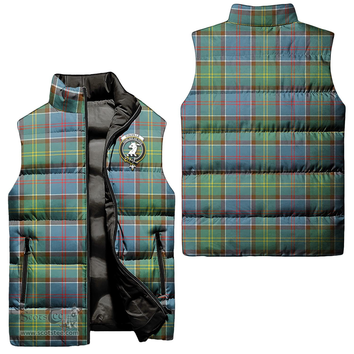Scottish Colville Clan Tartan Puffer Vest, Family Crest Plaid Sleeveless Down Jacket Scottish Plaid Tartan Plaid - ScotsTee - scotstee.com