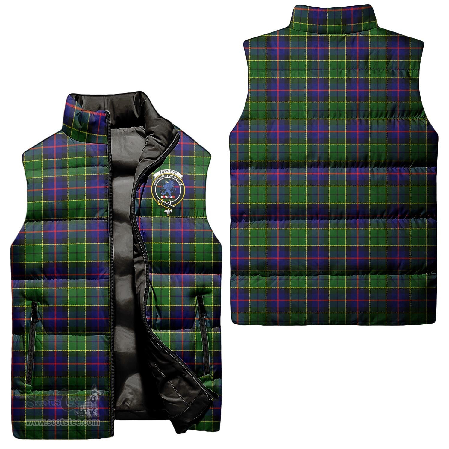 Scottish Forsyth Modern Clan Tartan Puffer Vest, Family Crest Plaid Sleeveless Down Jacket Scottish Plaid Tartan Plaid - ScotsTee - scotstee.com