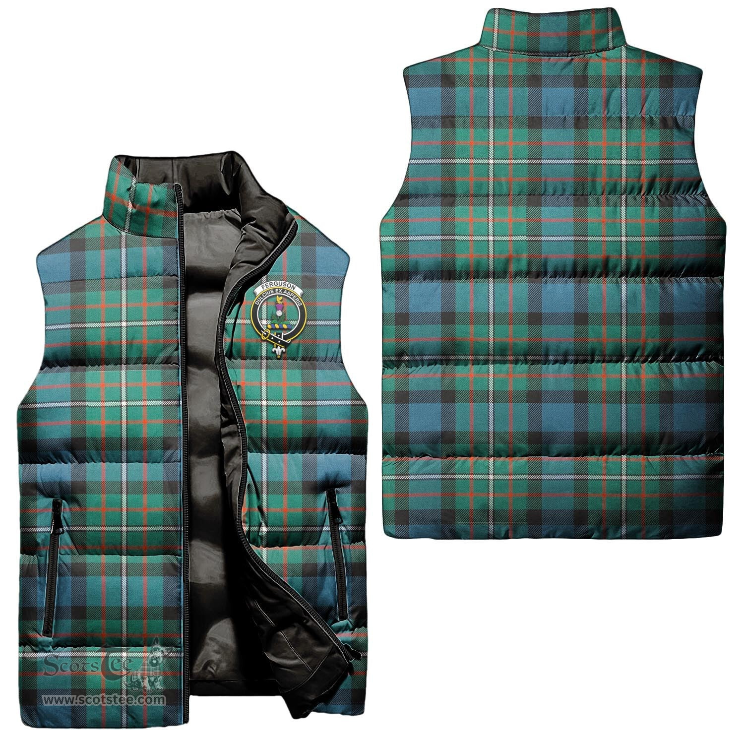Scottish Ferguson Ancient Clan Tartan Puffer Vest, Family Crest Plaid Sleeveless Down Jacket Scottish Plaid Tartan Plaid - ScotsTee - scotstee.com