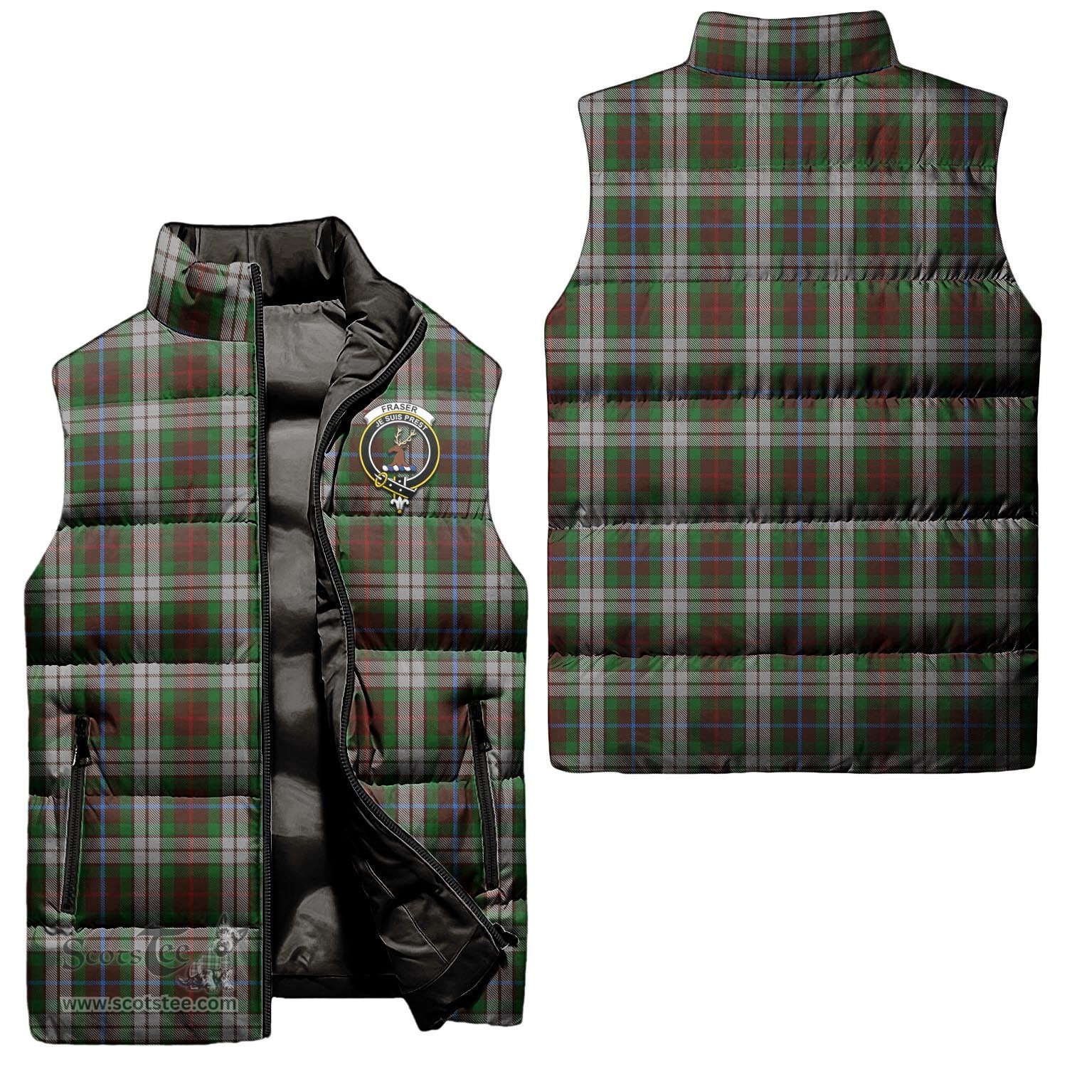 Scottish Fraser Hunting Dress Clan Tartan Puffer Vest, Family Crest Plaid Sleeveless Down Jacket Scottish Plaid Tartan Plaid - ScotsTee - scotstee.com