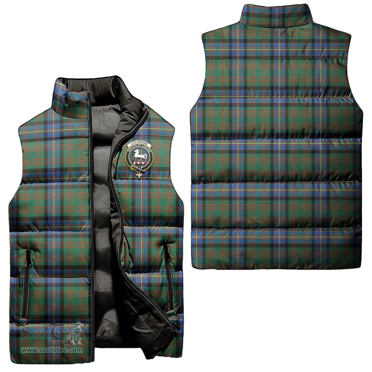 Scottish Cochrane Ancient Clan Tartan Puffer Vest, Family Crest Plaid Sleeveless Down Jacket Scottish Plaid Tartan Plaid - ScotsTee - scotstee.com