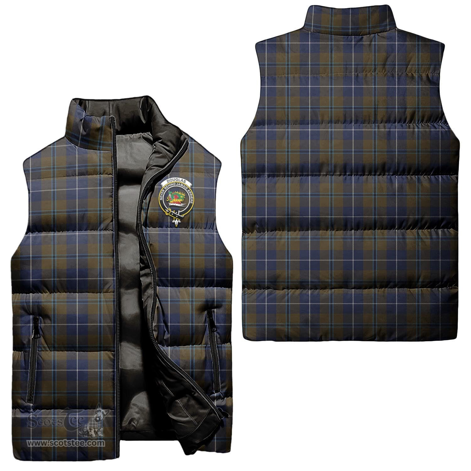 Scottish Douglas Brown Clan Tartan Puffer Vest, Family Crest Plaid Sleeveless Down Jacket Scottish Plaid Tartan Plaid - ScotsTee - scotstee.com