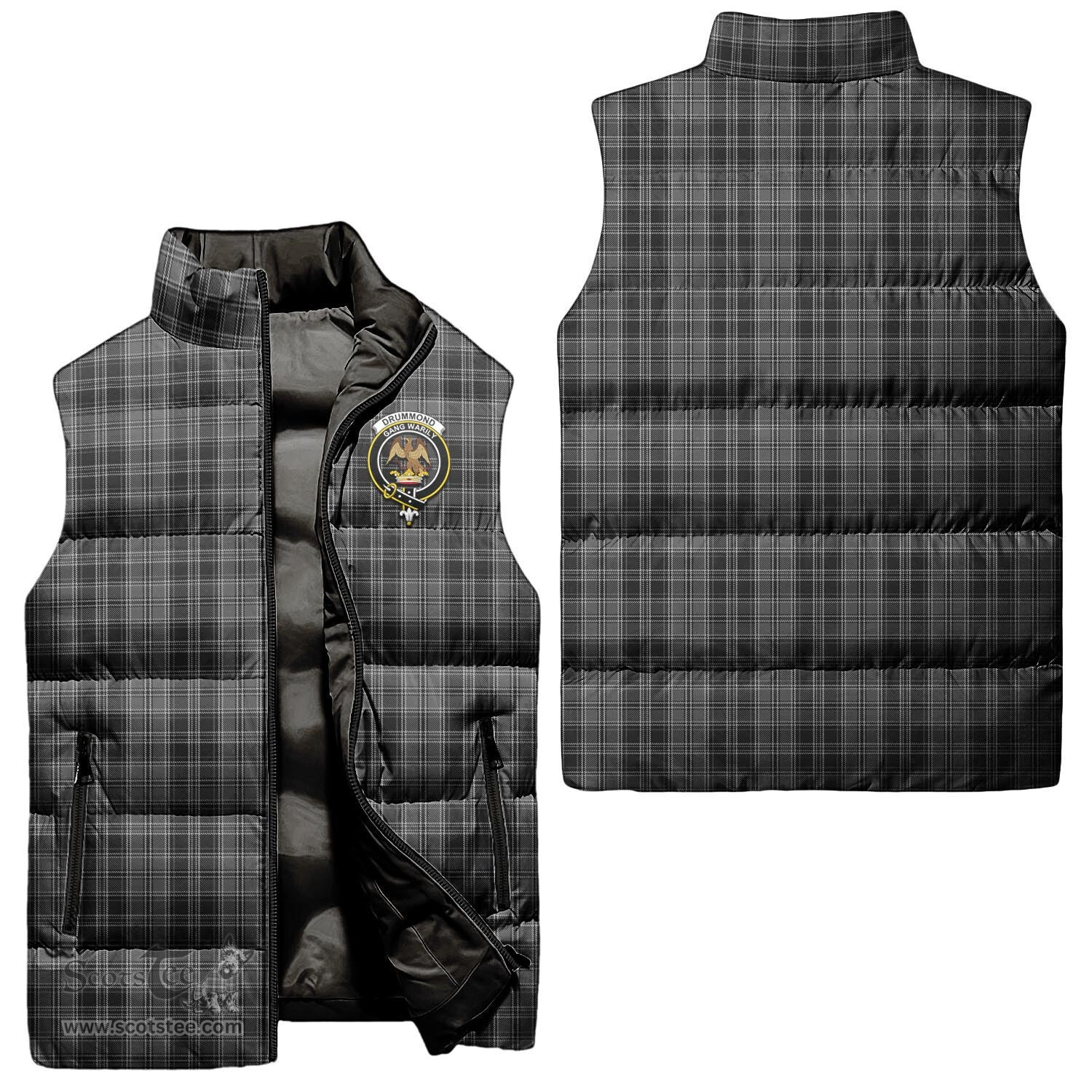 Scottish Drummond Grey Clan Tartan Puffer Vest, Family Crest Plaid Sleeveless Down Jacket Scottish Plaid Tartan Plaid - ScotsTee - scotstee.com