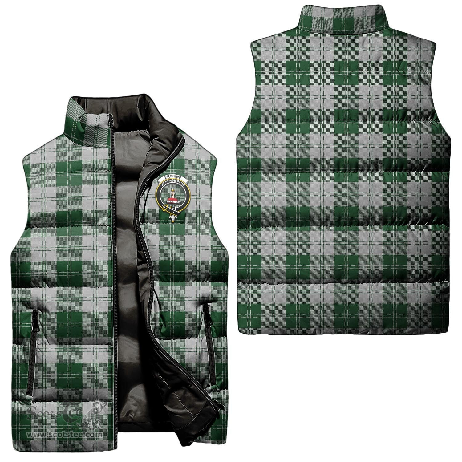 Scottish Erskine Green Clan Tartan Puffer Vest, Family Crest Plaid Sleeveless Down Jacket Scottish Plaid Tartan Plaid - ScotsTee - scotstee.com