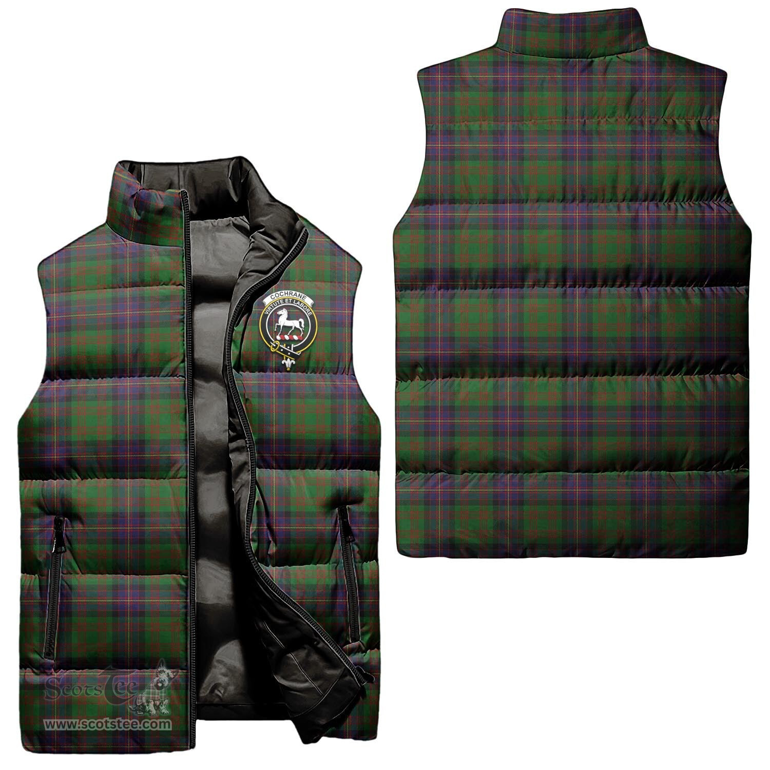 Scottish Cochrane Clan Tartan Puffer Vest, Family Crest Plaid Sleeveless Down Jacket Scottish Plaid Tartan Plaid - ScotsTee - scotstee.com