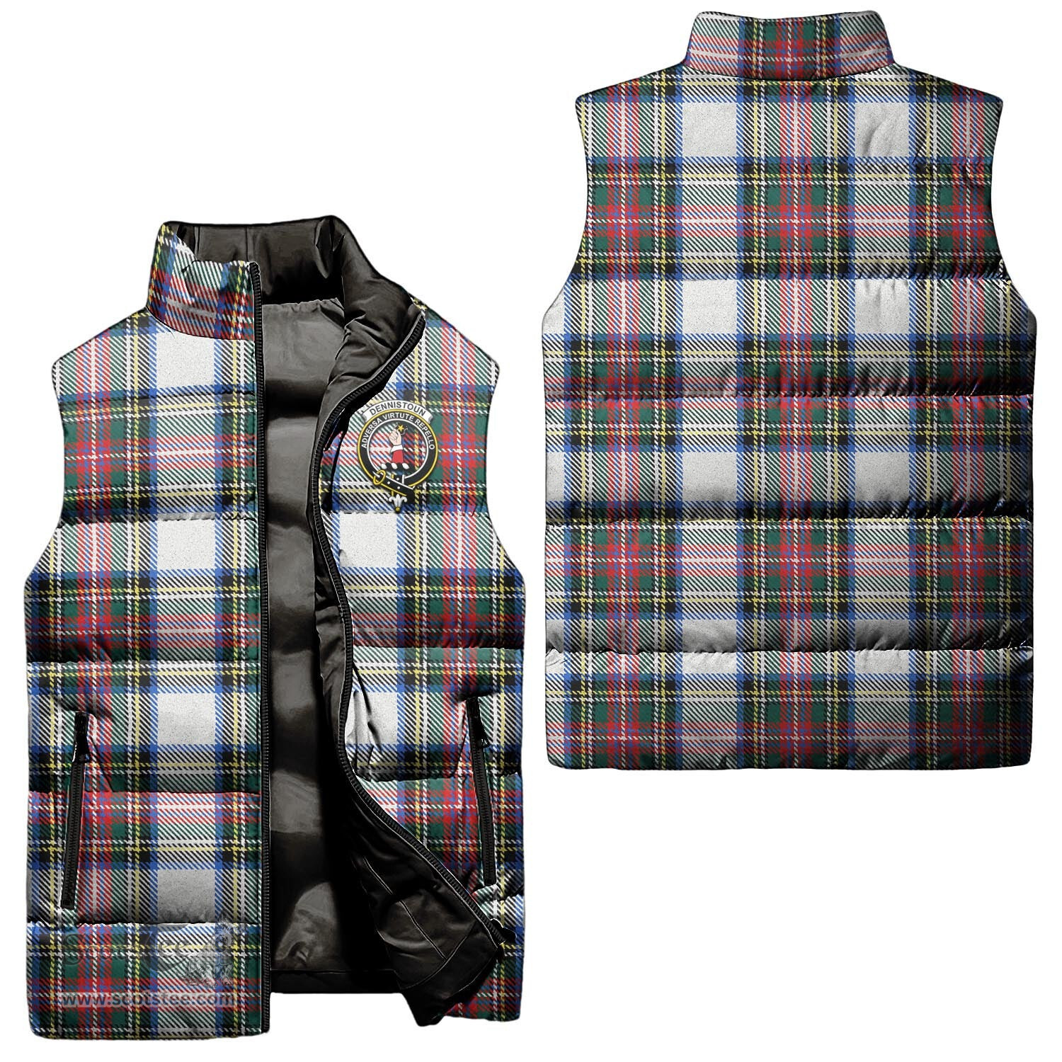 Scottish Dennistoun Clan Tartan Puffer Vest, Family Crest Plaid Sleeveless Down Jacket Scottish Plaid Tartan Plaid - ScotsTee - scotstee.com