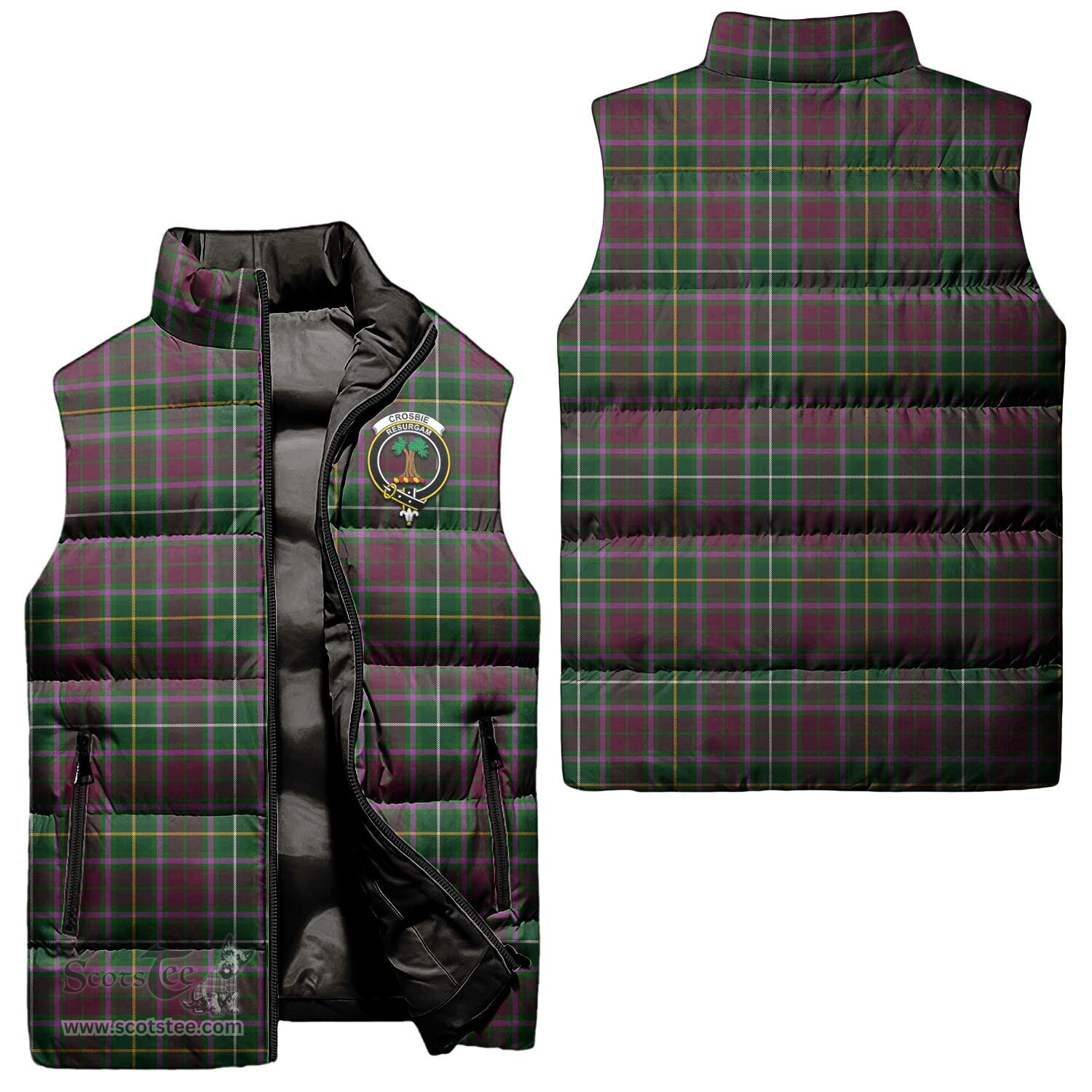 Scottish Crosbie Clan Tartan Puffer Vest, Family Crest Plaid Sleeveless Down Jacket Scottish Plaid Tartan Plaid - ScotsTee - scotstee.com
