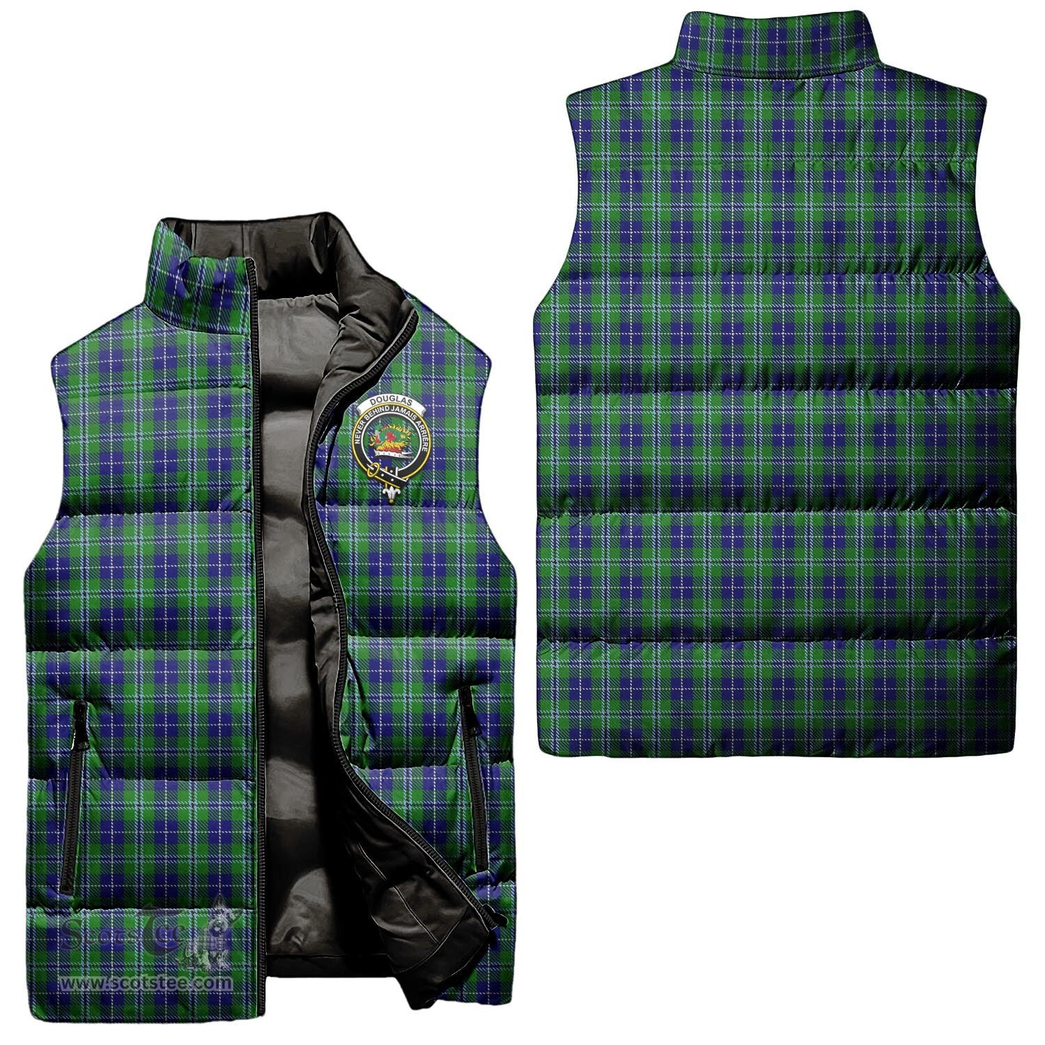 Scottish Douglas Clan Tartan Puffer Vest, Family Crest Plaid Sleeveless Down Jacket Scottish Plaid Tartan Plaid - ScotsTee - scotstee.com