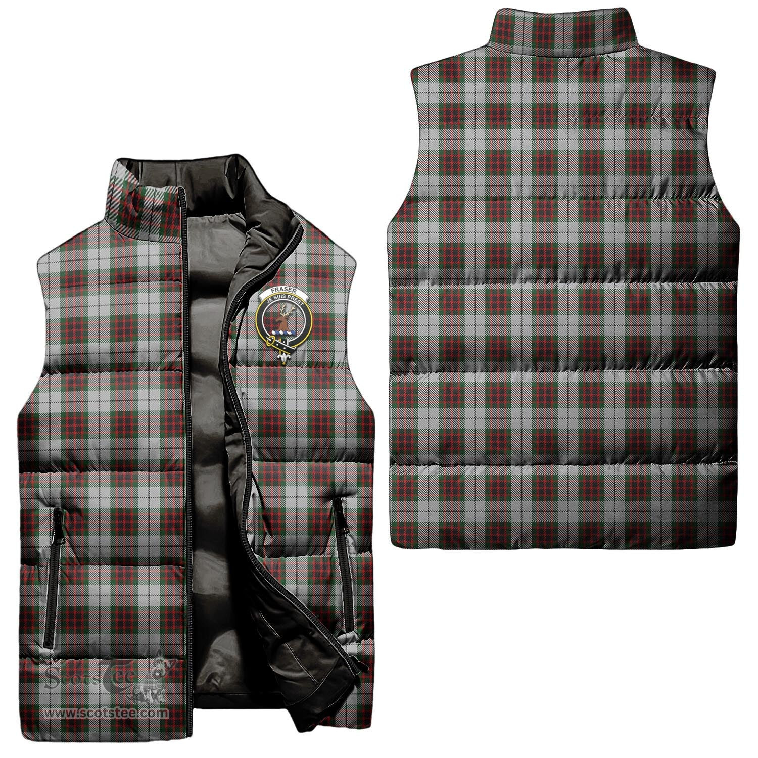 Scottish Fraser Dress Clan Tartan Puffer Vest, Family Crest Plaid Sleeveless Down Jacket Scottish Plaid Tartan Plaid - ScotsTee - scotstee.com