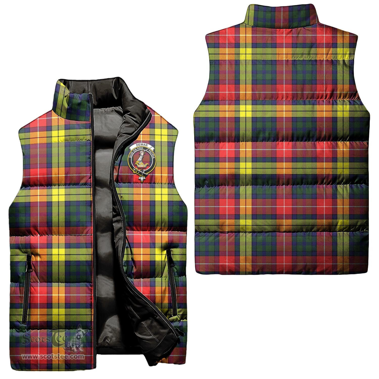 Scottish Dewar Clan Tartan Puffer Vest, Family Crest Plaid Sleeveless Down Jacket Scottish Plaid Tartan Plaid - ScotsTee - scotstee.com