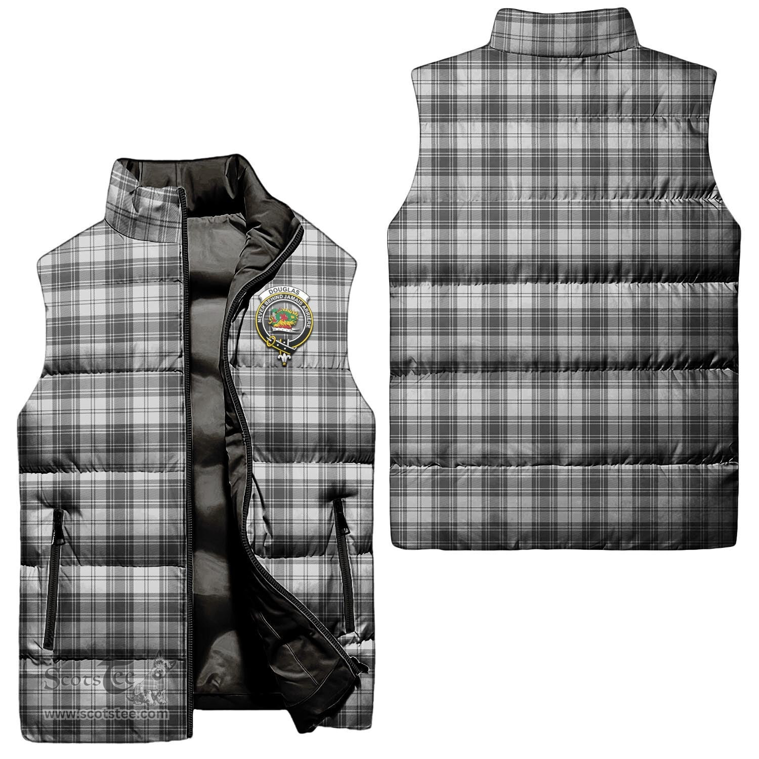 Scottish Douglas Grey Modern Clan Tartan Puffer Vest, Family Crest Plaid Sleeveless Down Jacket Scottish Plaid Tartan Plaid - ScotsTee - scotstee.com
