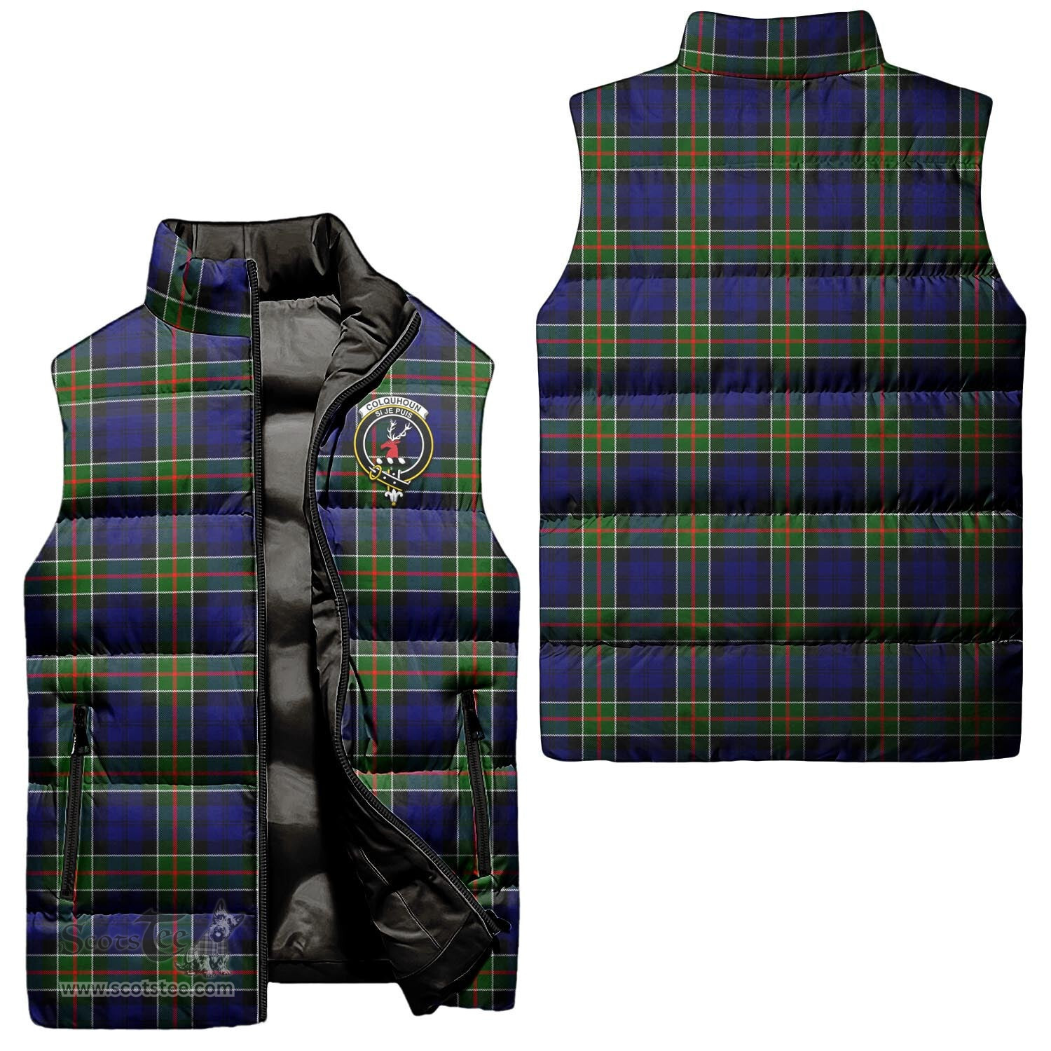 Scottish Colquhoun Modern Clan Tartan Puffer Vest, Family Crest Plaid Sleeveless Down Jacket Scottish Plaid Tartan Plaid - ScotsTee - scotstee.com
