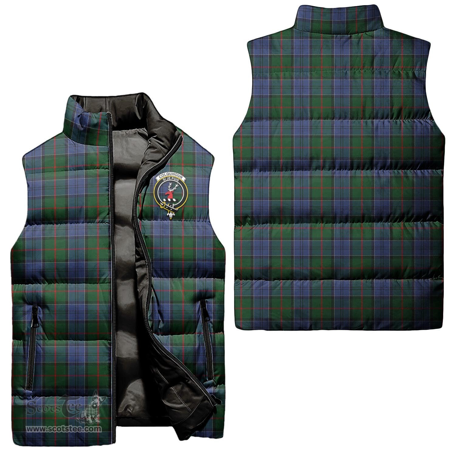 Scottish Colquhoun Clan Tartan Puffer Vest, Family Crest Plaid Sleeveless Down Jacket Scottish Plaid Tartan Plaid - ScotsTee - scotstee.com