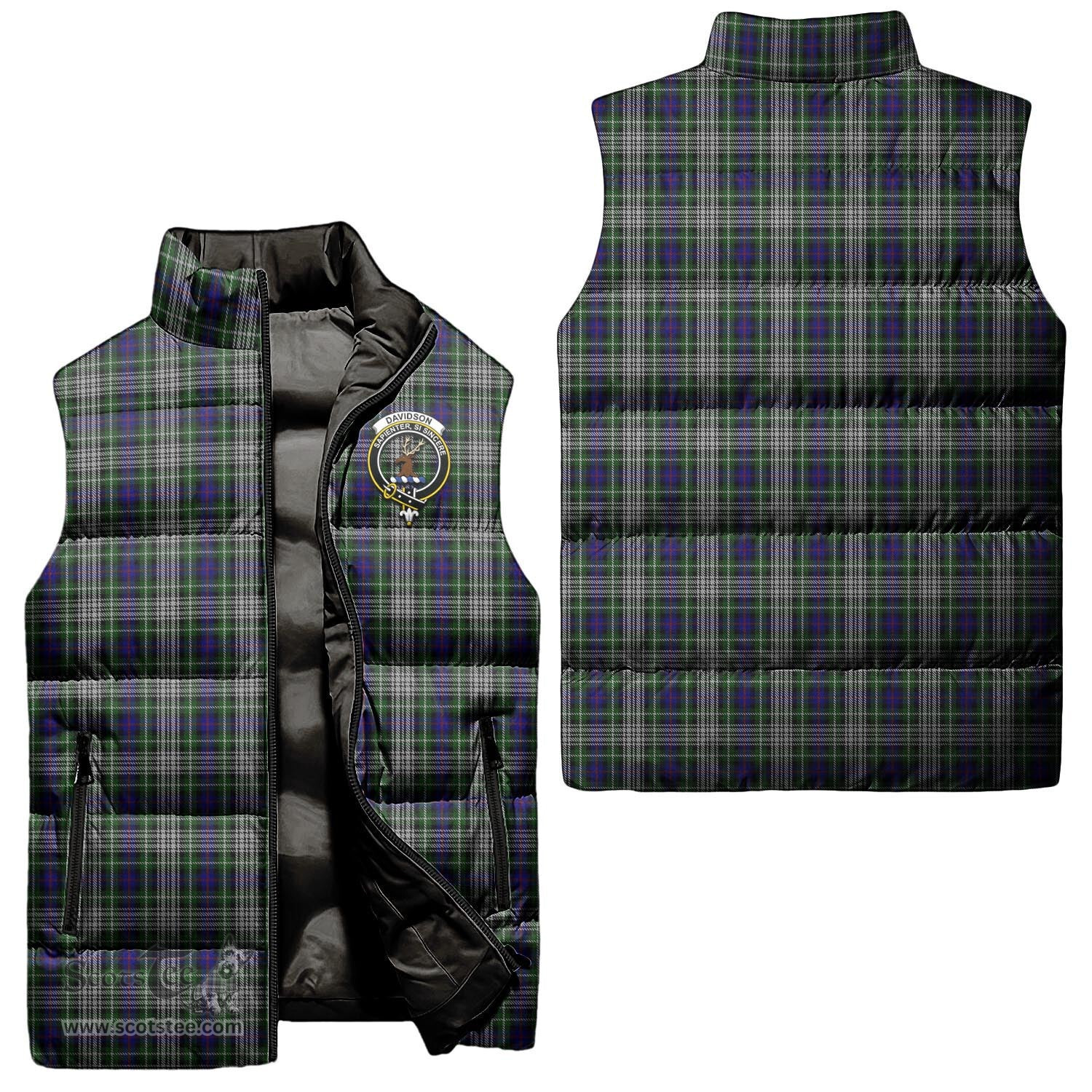 Scottish Davidson of Tulloch Dress Clan Tartan Puffer Vest, Family Crest Plaid Sleeveless Down Jacket Scottish Plaid Tartan Plaid - ScotsTee - scotstee.com