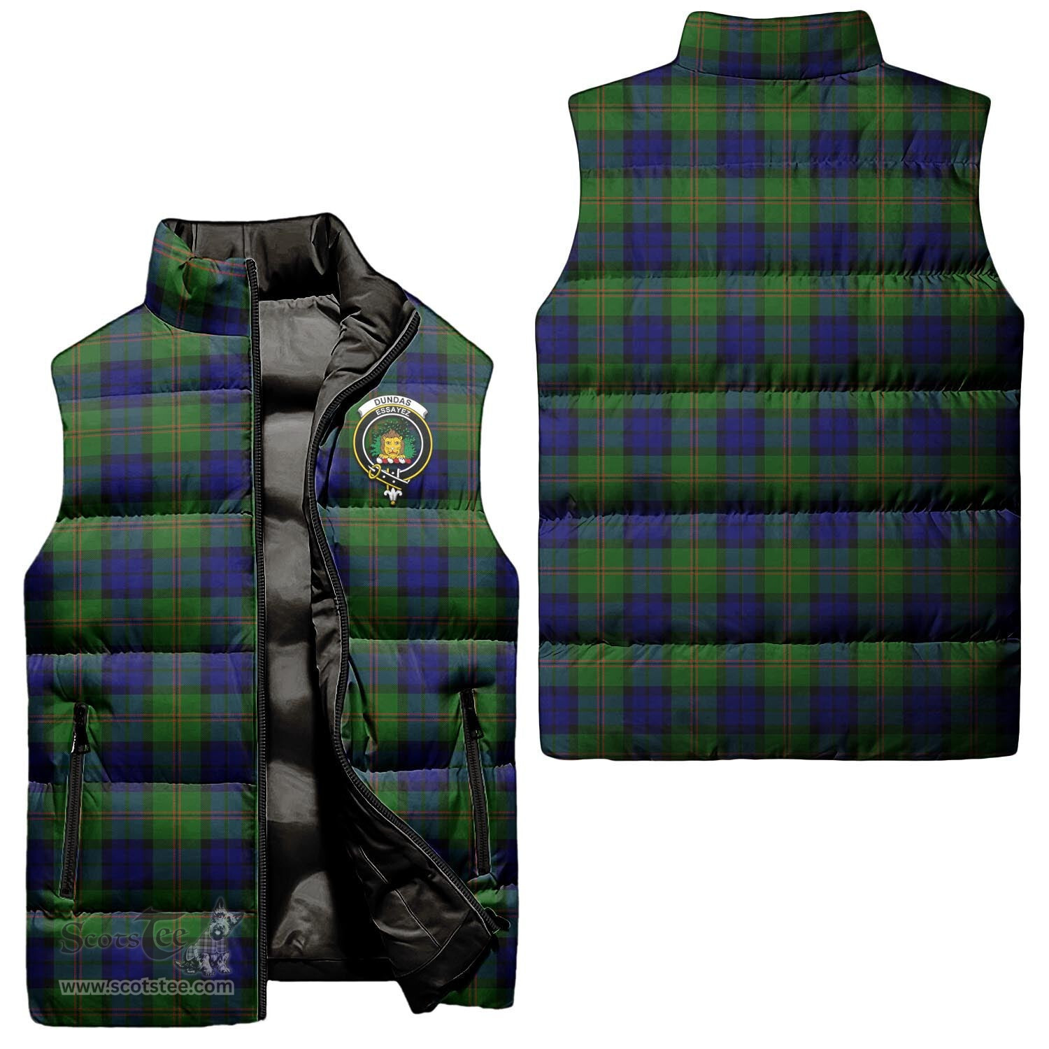 Scottish Dundas Modern Clan Tartan Puffer Vest, Family Crest Plaid Sleeveless Down Jacket Scottish Plaid Tartan Plaid - ScotsTee - scotstee.com