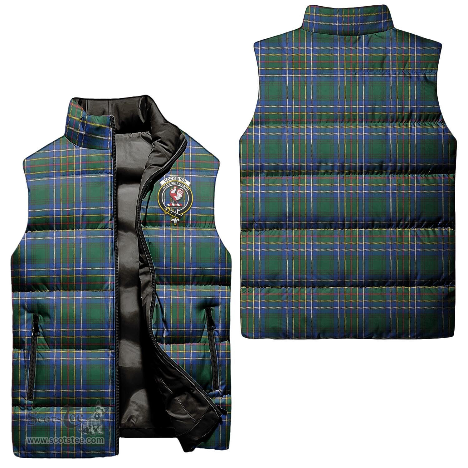 Scottish Cockburn Ancient Clan Tartan Puffer Vest, Family Crest Plaid Sleeveless Down Jacket Scottish Plaid Tartan Plaid - ScotsTee - scotstee.com