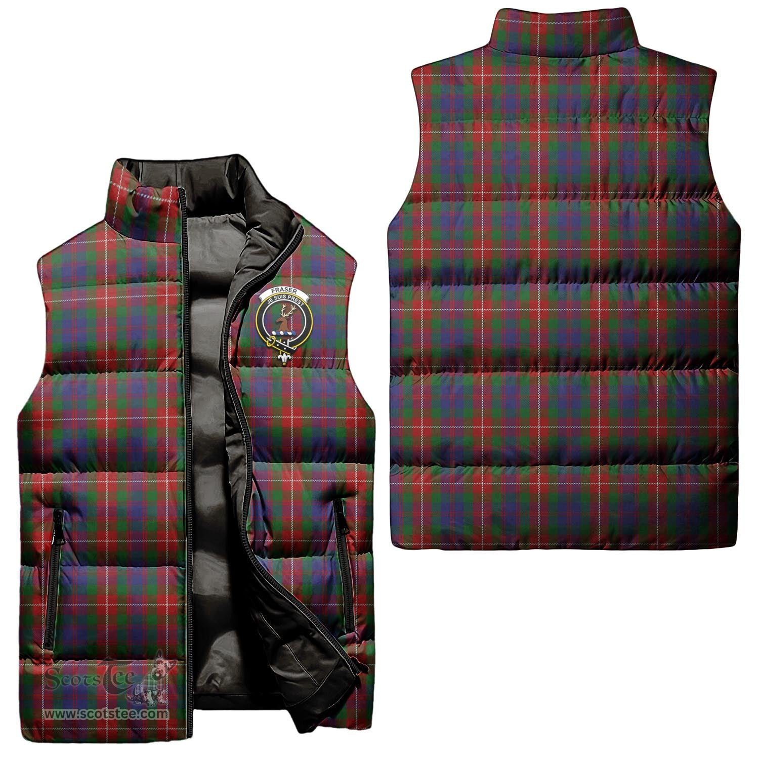 Scottish Fraser of Lovat Clan Tartan Puffer Vest, Family Crest Plaid Sleeveless Down Jacket Scottish Plaid Tartan Plaid - ScotsTee - scotstee.com