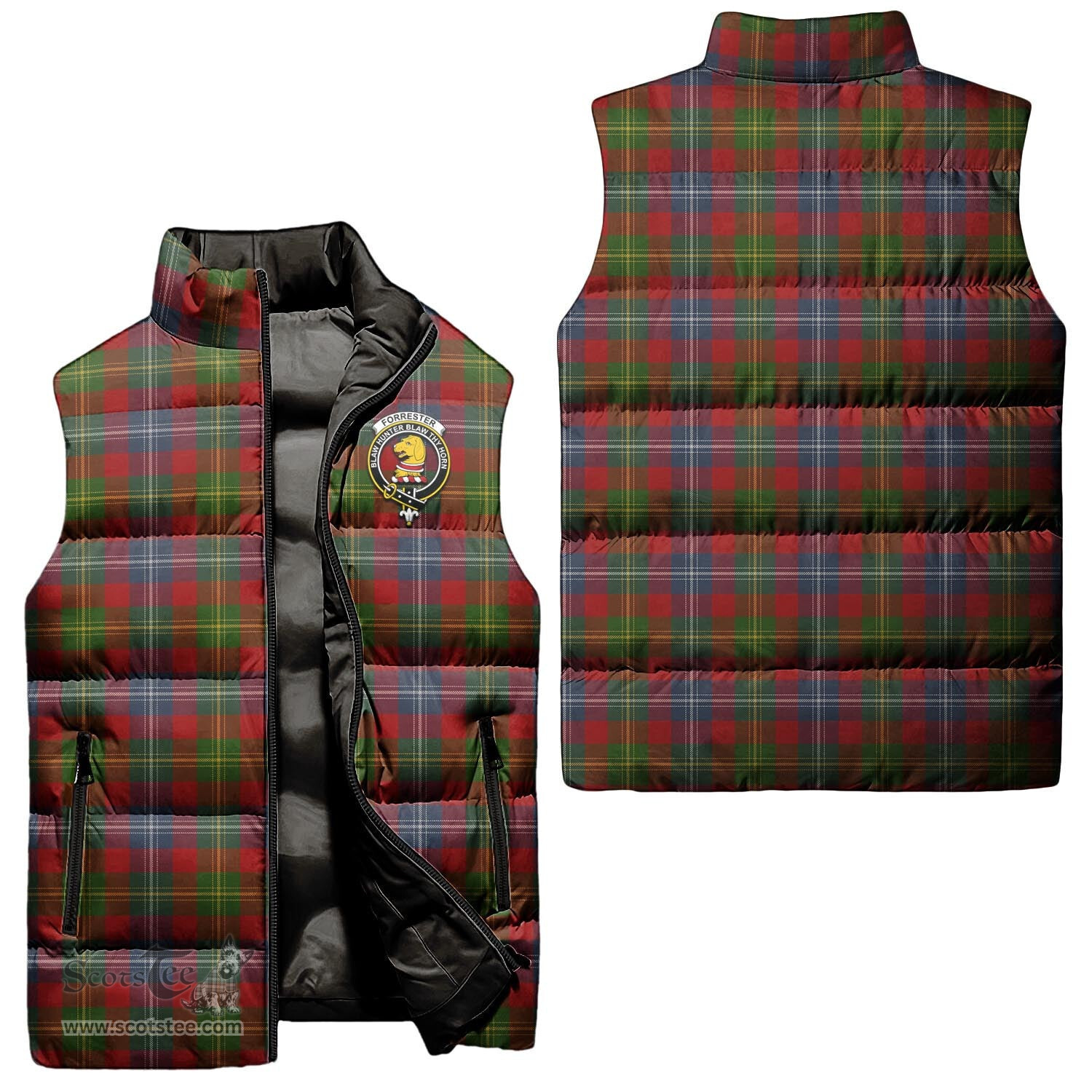 Scottish Forrester or Foster Clan Tartan Puffer Vest, Family Crest Plaid Sleeveless Down Jacket Scottish Plaid Tartan Plaid - ScotsTee - scotstee.com