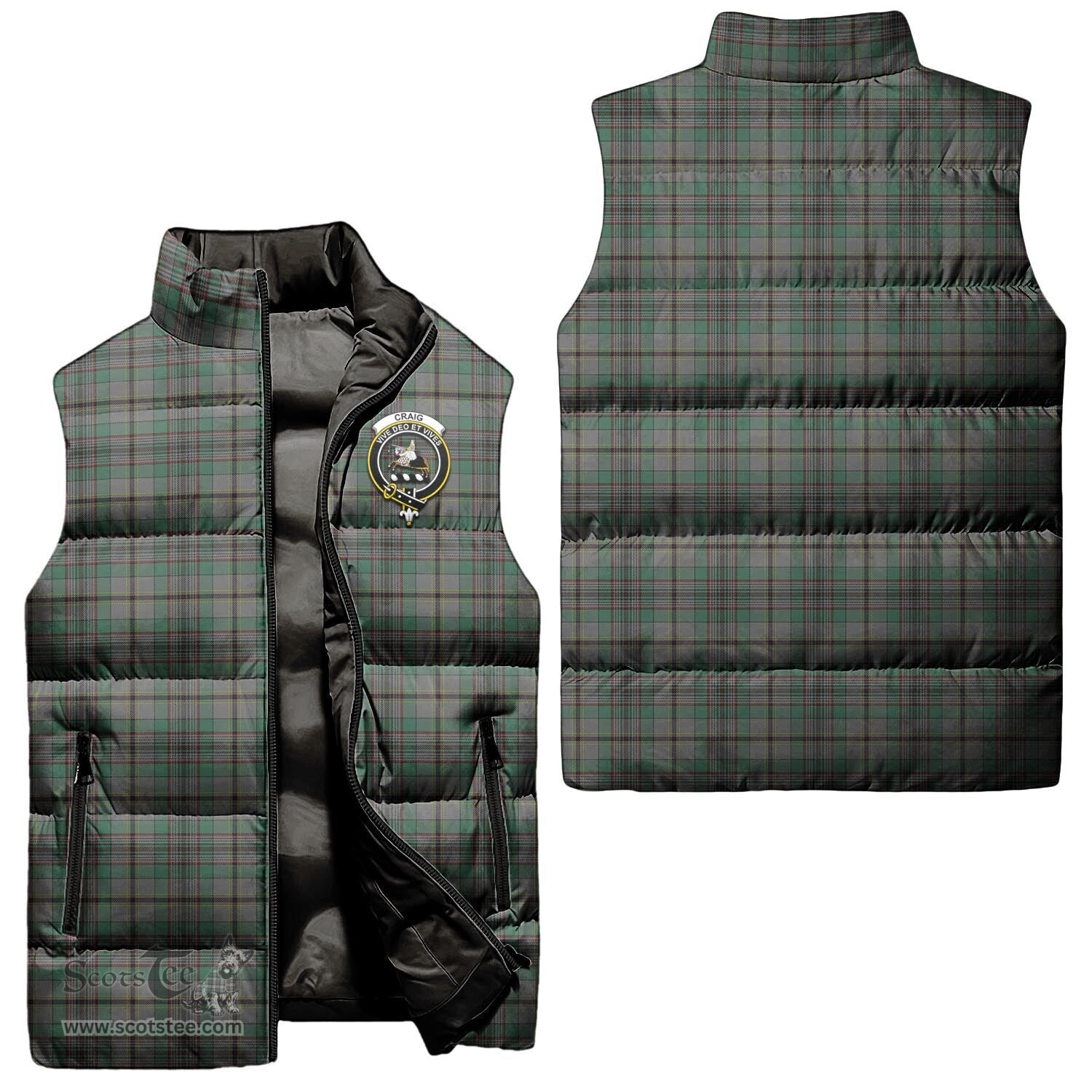 Scottish Craig Clan Tartan Puffer Vest, Family Crest Plaid Sleeveless Down Jacket Scottish Plaid Tartan Plaid - ScotsTee - scotstee.com