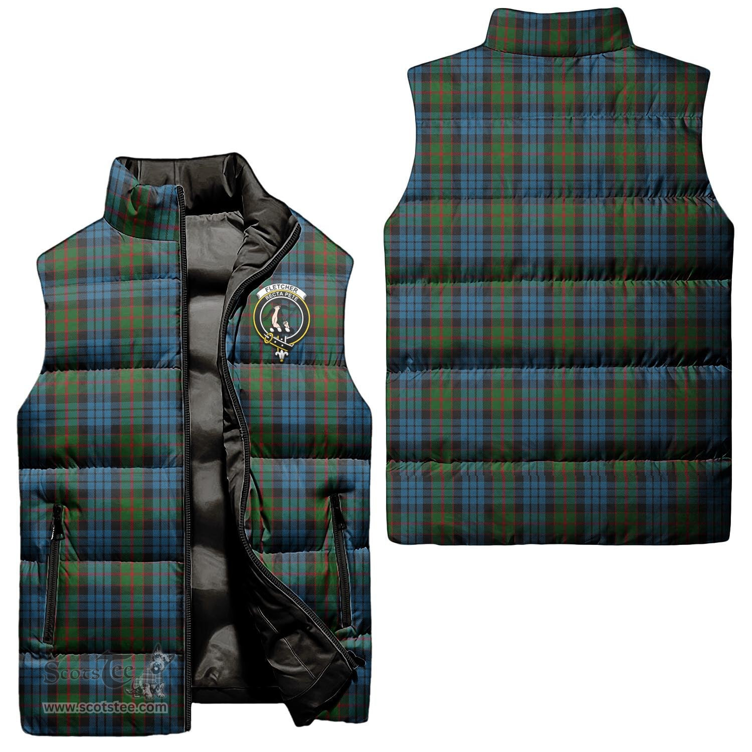 Scottish Fletcher of Dunans Clan Tartan Puffer Vest, Family Crest Plaid Sleeveless Down Jacket Scottish Plaid Tartan Plaid - ScotsTee - scotstee.com