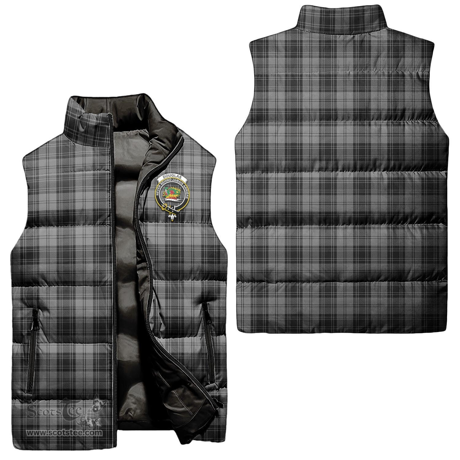 Scottish Douglas Grey Clan Tartan Puffer Vest, Family Crest Plaid Sleeveless Down Jacket Scottish Plaid Tartan Plaid - ScotsTee - scotstee.com